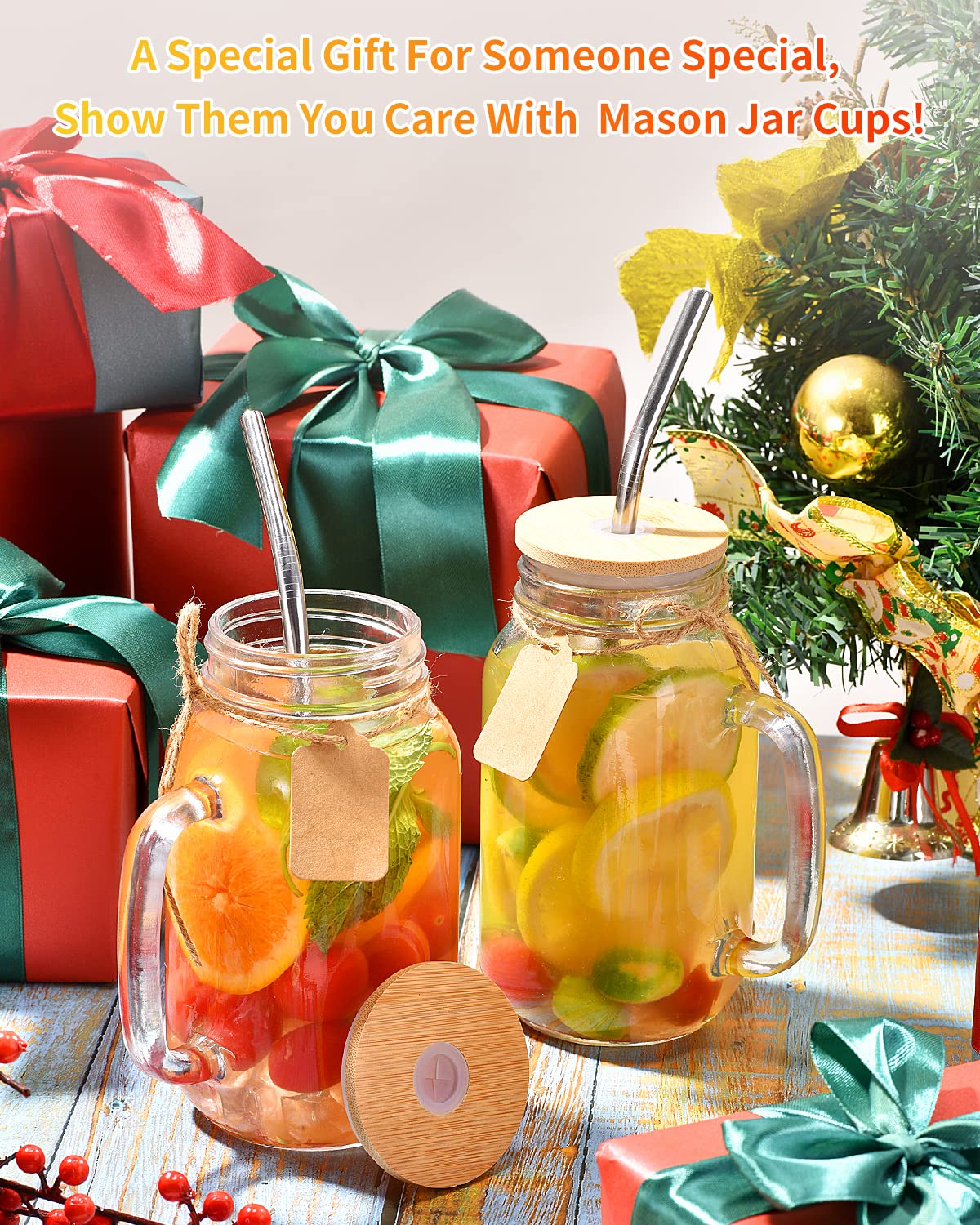 TANGLONG 16 oz Mason Jars with Handle, Mason Jar Cups, Glass Cups with Lids and Straws, Drinking Glasses Set of 12