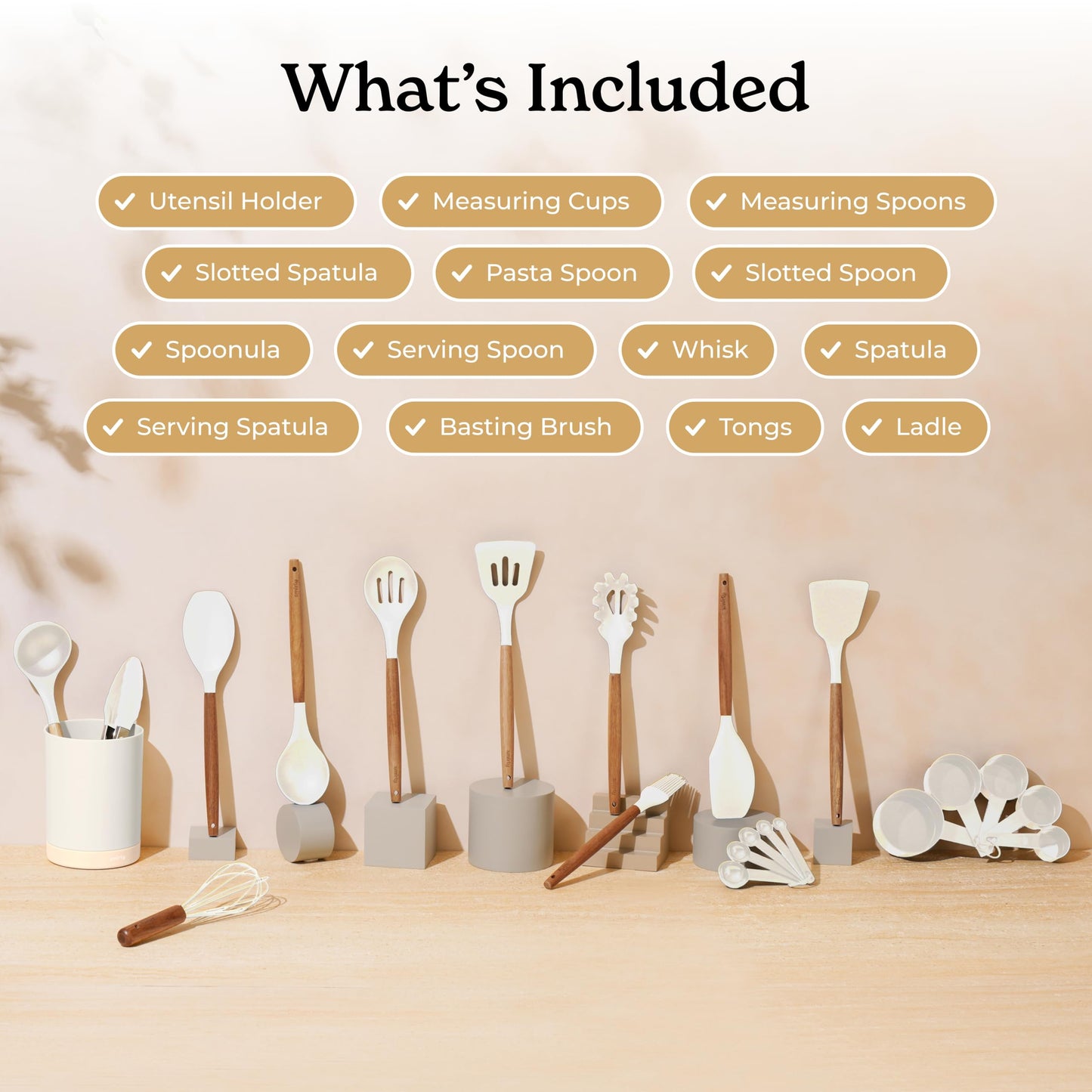 Silicone Kitchen Utensils Set & Holder: Cooking Utensils Set - Kitchen Essentials for New Home & 1st Apartment- Silicone Spatula Set, Cooking Spoons for Nonstick Cookware (Acacia Wood, Cream White)