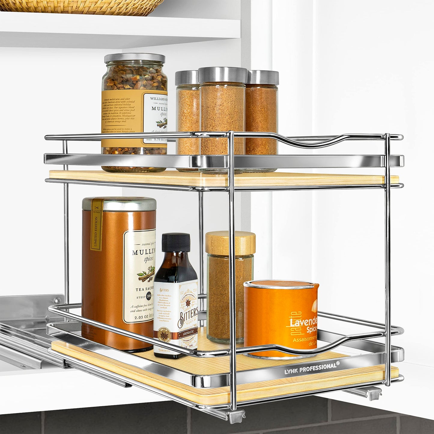 LYNK PROFESSIONAL® Pull Out Spice Rack Organizer for Inside Kitchen Cabinets - 4-3/8 inch Wide - Slide Out Drawer – Black Sliding Spice Cabinet Organization Shelf Racks - 2 Tier