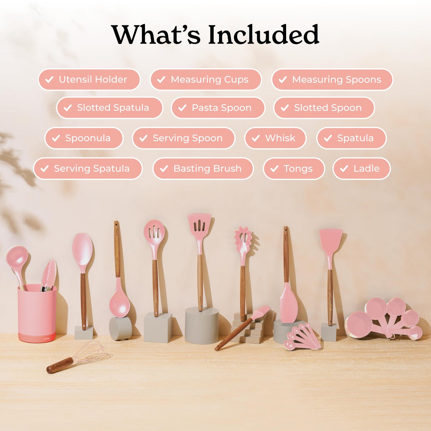 Silicone Kitchen Utensils Set & Holder: Cooking Utensils Set - Kitchen Essentials for New Home & 1st Apartment- Silicone Spatula Set, Cooking Spoons for Nonstick Cookware (Acacia Wood, Cream White)