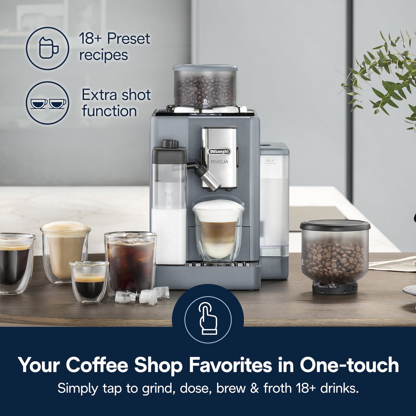 De'Longhi Rivelia Automatic Espresso Machine with Grinder & Milk Frother – All-in-One Coffee Maker, Hot & Iced Latte, Cappuccino, Bean Switch System, Burr Grinder, Compact Italian Design, Black