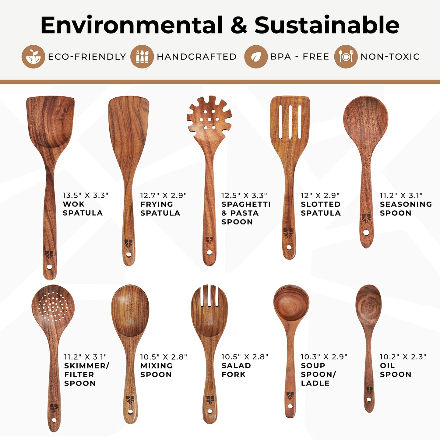 Wooden Spoons for Cooking – 10 Pc Teak Wood Utensil Set, Durable, Nonstick Safe & Heat Resistant with Ergonomic Handles - Unique Kitchen Gifts for Women Men, Cooking Gifts for Men Women