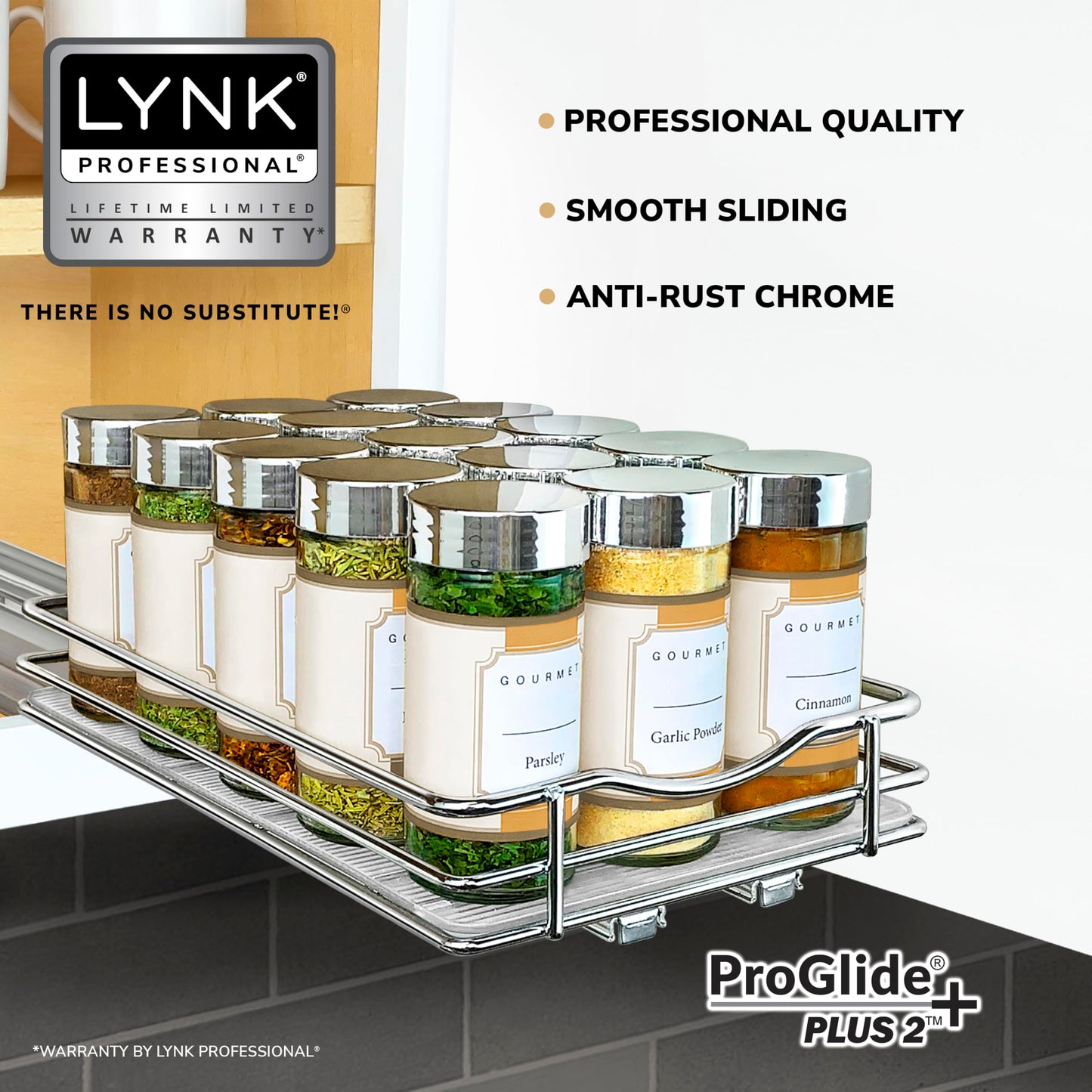 LYNK PROFESSIONAL® Pull Out Spice Rack Organizer for Inside Kitchen Cabinets - 4-3/8 inch Wide - Slide Out Drawer – Black Sliding Spice Cabinet Organization Shelf Racks - 2 Tier