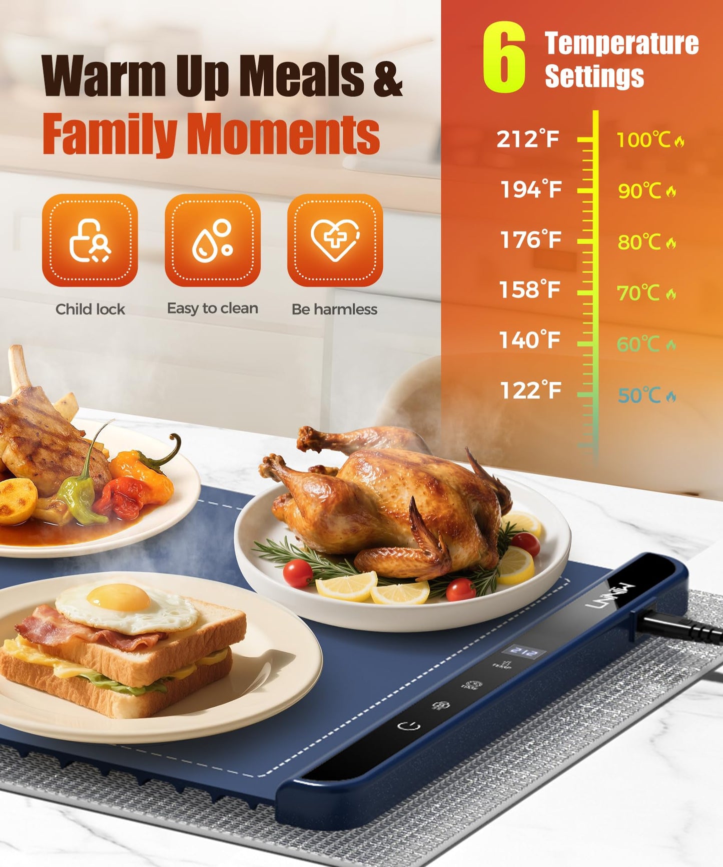 Food Warming Mat with Heat-Resistant Pad, 26X15 Inch, 6 Temperature & 6 Timer Settings, Child Lock Safety,Food Warmer Chafing Dishes for Buffet,Gatherings,Parties,Everyday Use