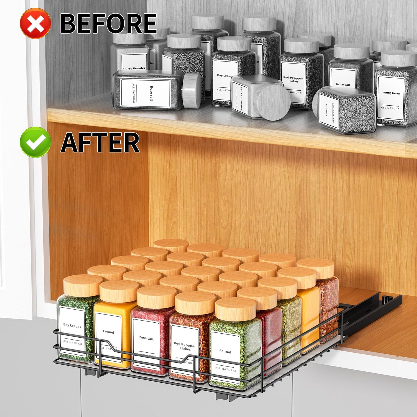 RCHYFEED Pull Out Spice Rack Organizer for Cabinet,Slide out Spice Organizer for Inside Cabinets,Heavy Duty Spice Organization for Kitchen and Pantry,Seasoning,Sauces(1-Tier,8.5" Wx10.5 Dx2.5 H)