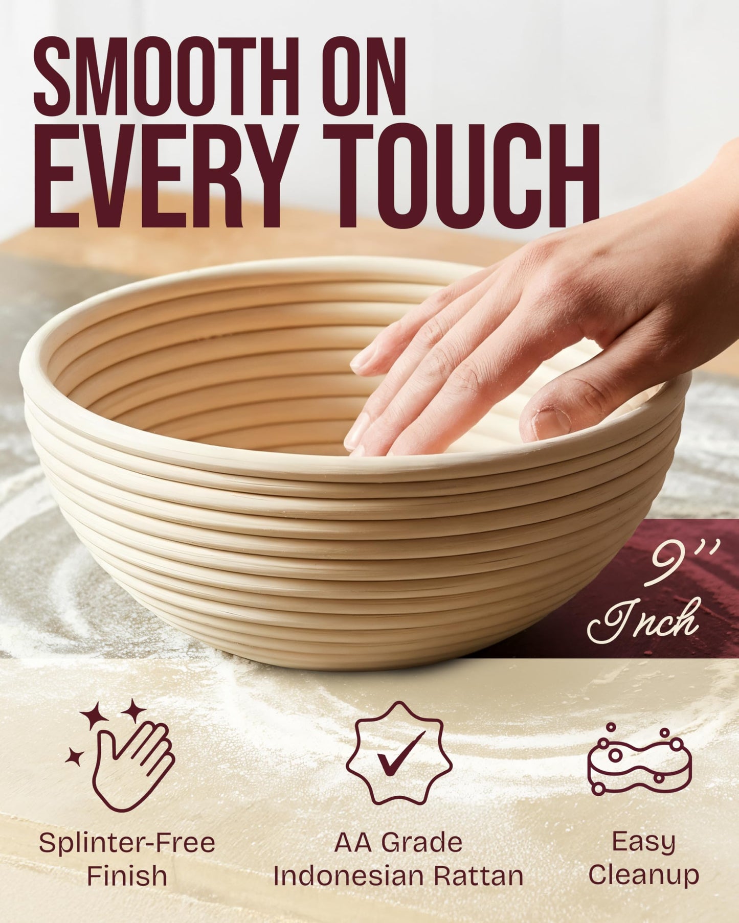 Superbaking 2 pcs Banneton Bread Proofing Basket, 9" Splinter-Free Round Rattan Bread Basket with Liners, Sourdough Starter Kit, Sourdough Bread Baking Supplies & Sourdough Kit, Bread Making Tools