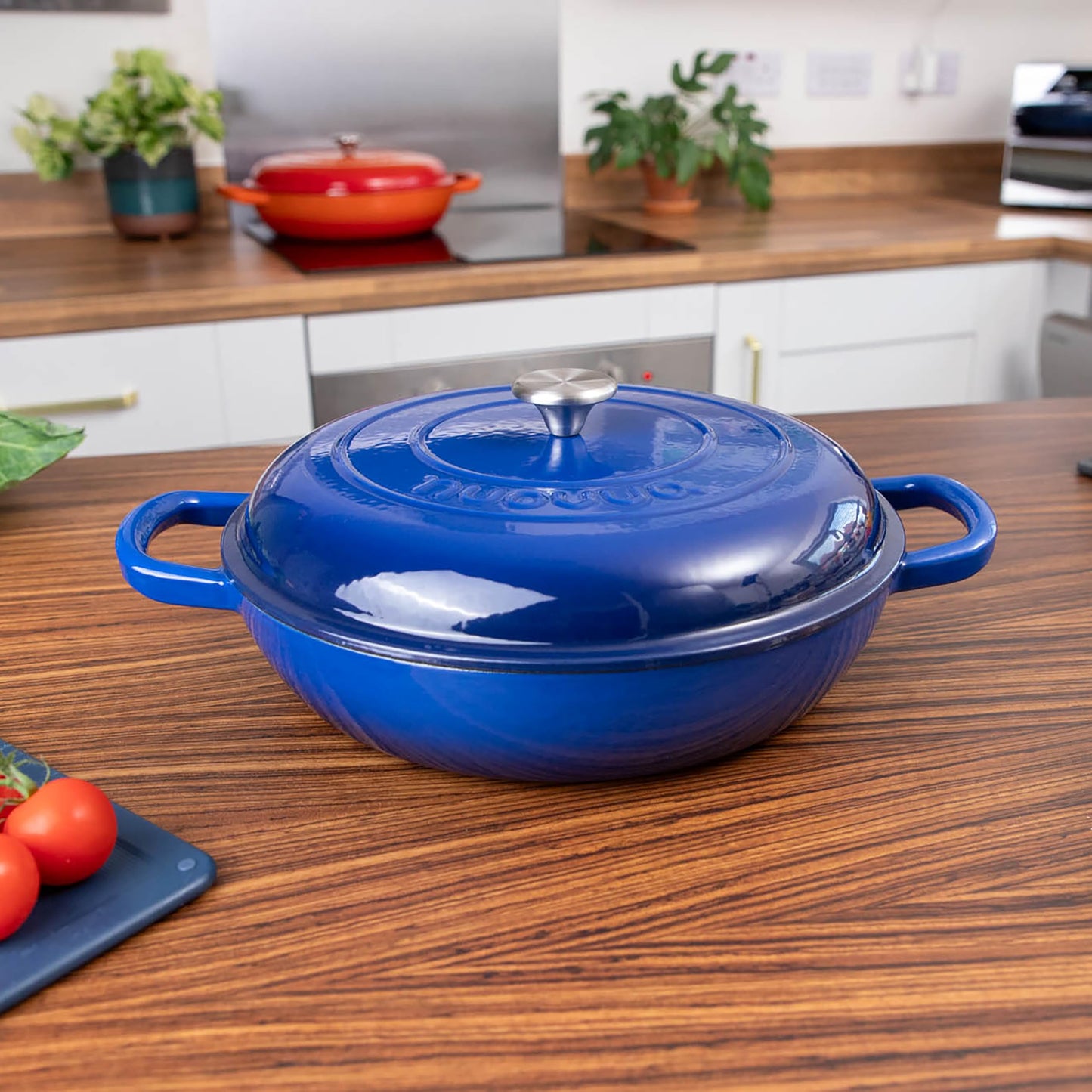 Shallow Cast Iron Casserole with Lid – Non Stick Dutch Oven Pot, Oven Safe up to 500° F – Sturdy Ovenproof Stockpot Cookware – Enamelled Cooking Pot – Black, 5-Quart, 32cm – by Nuovva