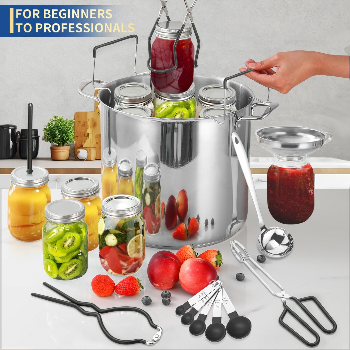 Canning Supplies Starter Kit with Canning Rack,Canning Kit for Beginners 11 Pcs, Jar Lifter, Funnel, Wrench, Tongs, Lid Lifter, Bubble Popper, Labels, Ladle, Measuring Spoon - Black