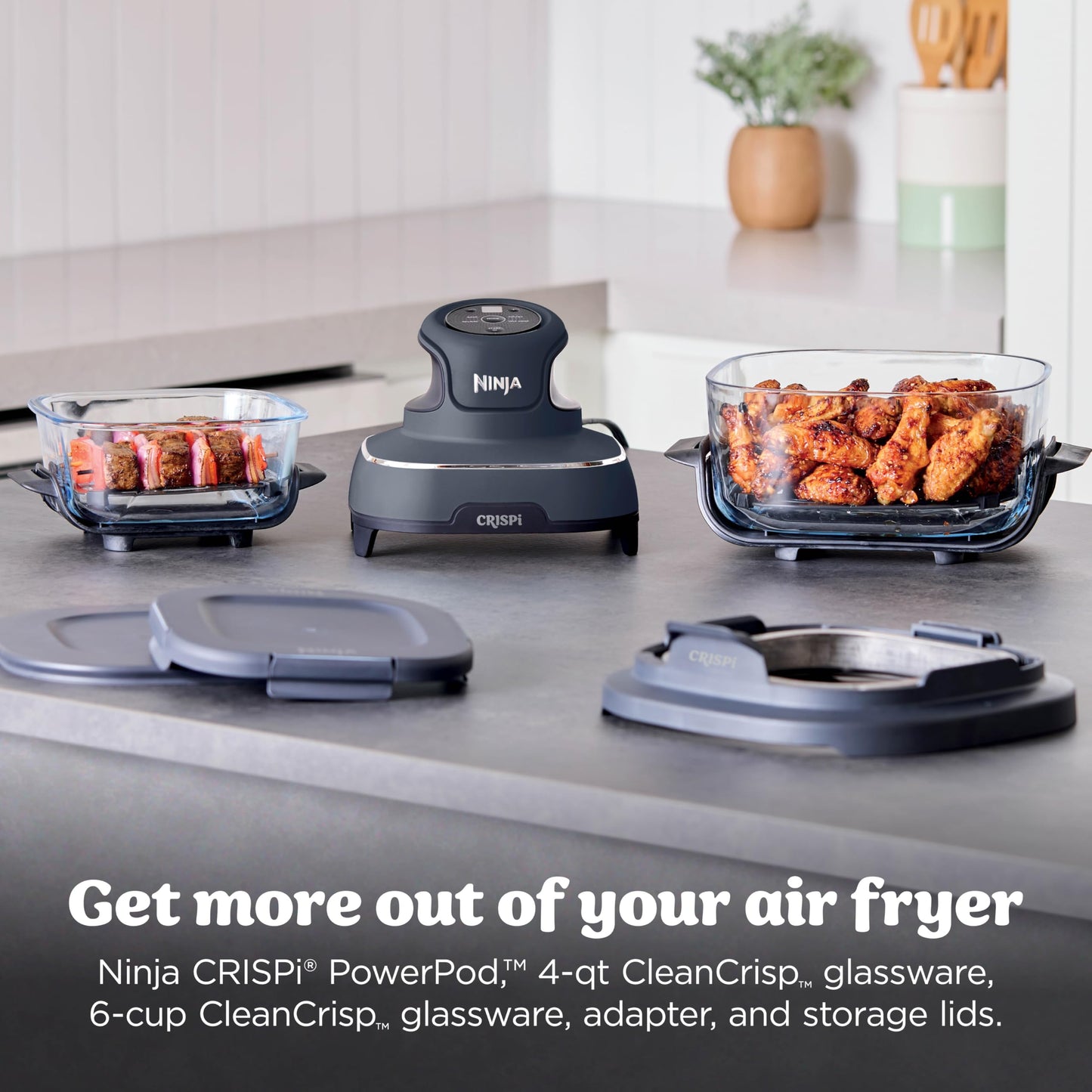 Ninja | Air Fryer | Crispi 4-in-1 Portable Cooking System | 4QT & 6 Cup Glass Containers, Crisper Plates & Storage Lids Included | Microwave, Freezer & Dishwasher Safe | Cherry Crush | FN101DR