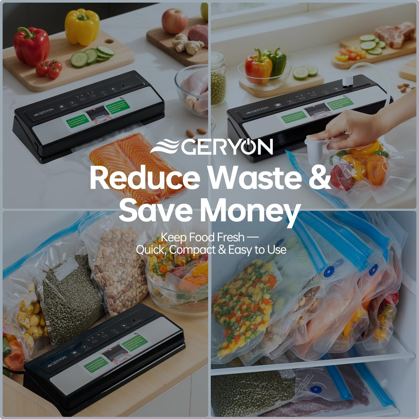 GERYON Vacuum Sealer Machine – Automatic Food Vacuum Sealer for Dry & Moist Food, Compact with LED Touch Panel, Includes Zipper Bags & Roll, Perfect for Sous Vide & Freezer Storage (Silver)