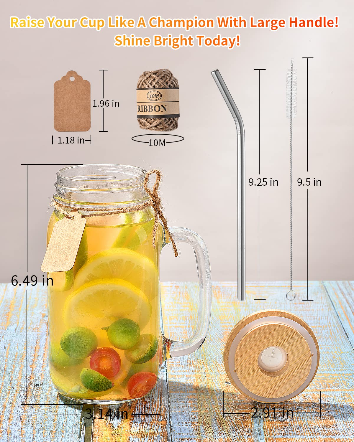 TANGLONG 16 oz Mason Jars with Handle, Mason Jar Cups, Glass Cups with Lids and Straws, Drinking Glasses Set of 12