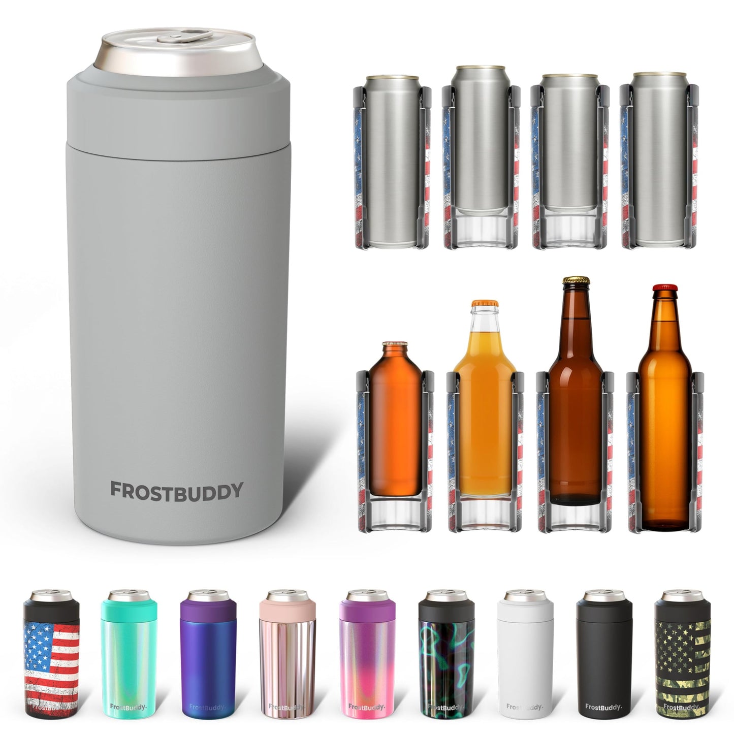 Frost Buddy Universal Buddy Can Cooler - Fits All - For Regular 12 & 16 oz or Slim-Size Bottles - Insulated Double -Walled Stainless Steel (All white)