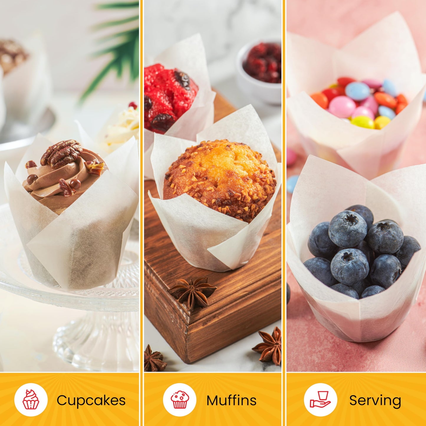 Tulip Cupcake Liners, Muffin Liners for Baking by Baker’s Signature – 200pcs of Parchment Paper Cups Cupcake Wrappers – Perfect Size, Sturdy, Greaseproof & Easy to Use – Colorful