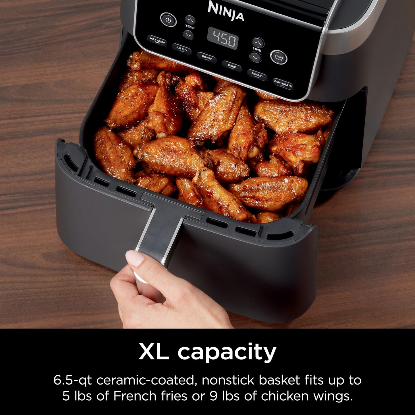 Ninja | Air Fryer | 6.5 QT Pro XL Capacity fits 9lbs of Wings | 6-in-1 Max Crisp, Air Fry, Roast, Bake, Reheat & Dehydrate | Nonstick Basket, Crisper Plate & Recipe Guide | Grey | AF181