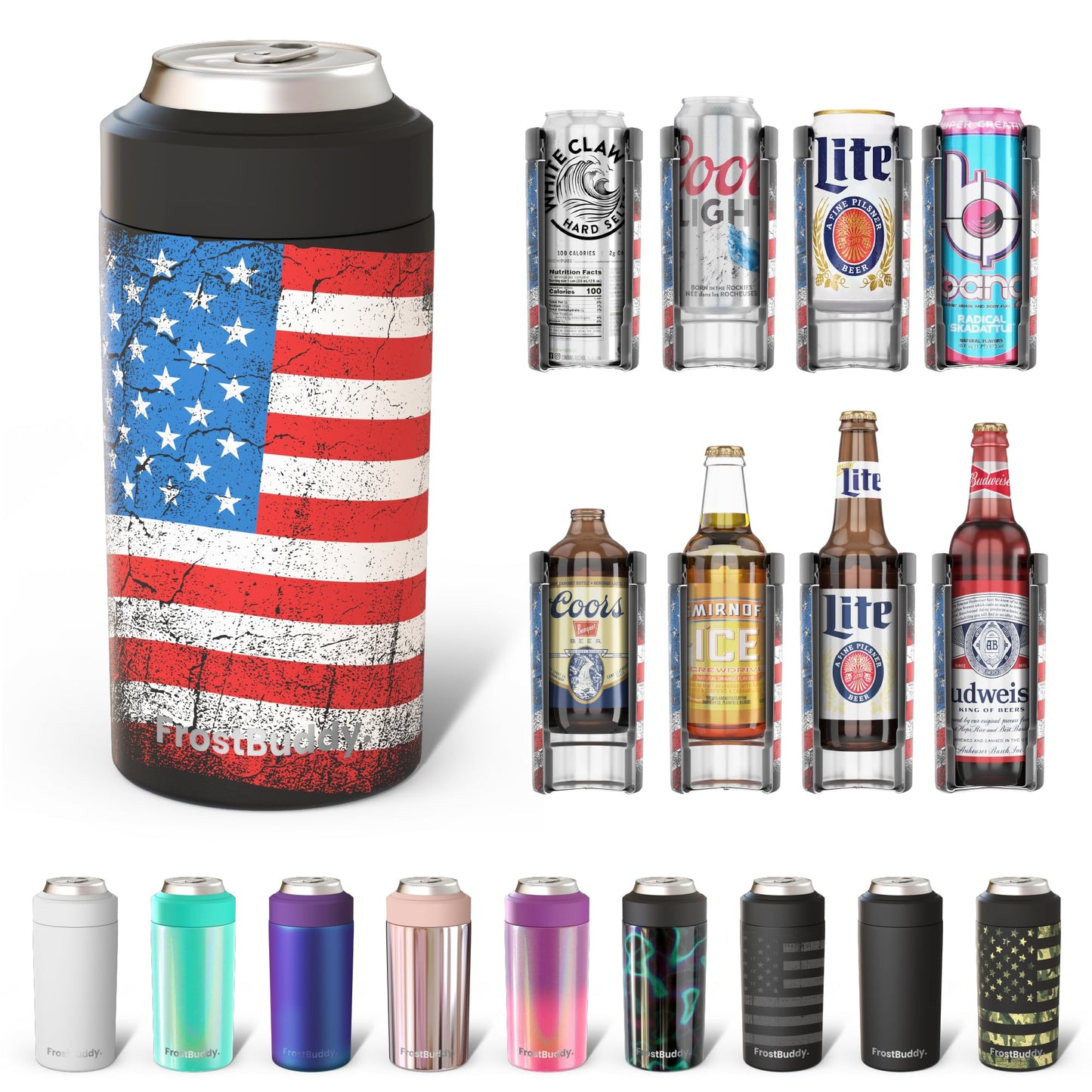 Frost Buddy Universal Buddy Can Cooler - Fits All - For Regular 12 & 16 oz or Slim-Size Bottles - Insulated Double -Walled Stainless Steel (All white)