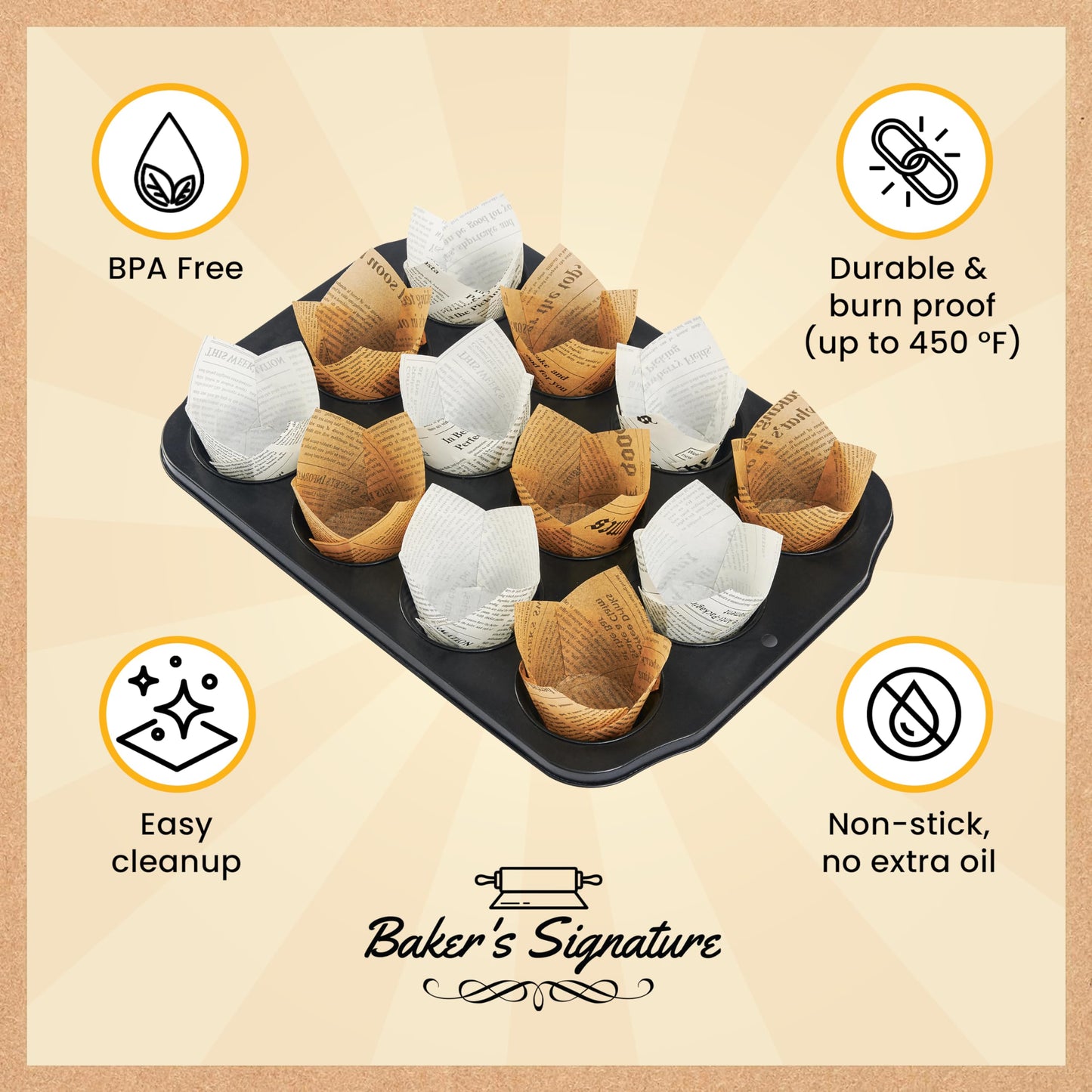 Tulip Cupcake Liners, Muffin Liners for Baking by Baker’s Signature – 200pcs of Parchment Paper Cups Cupcake Wrappers – Perfect Size, Sturdy, Greaseproof & Easy to Use – Colorful