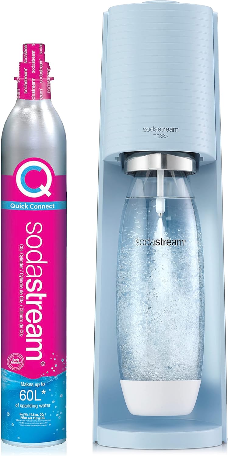SodaStream - Terra Sparkling Water Maker | VALUE BUNDLE | CQC CO2 system | Includes 2x CO2 Cylinders, 3x 32 Fl Oz Dishwasher Safe Bottles, 2x Bubly Flavor Drops | Combine with Flavors | Misty Blue
