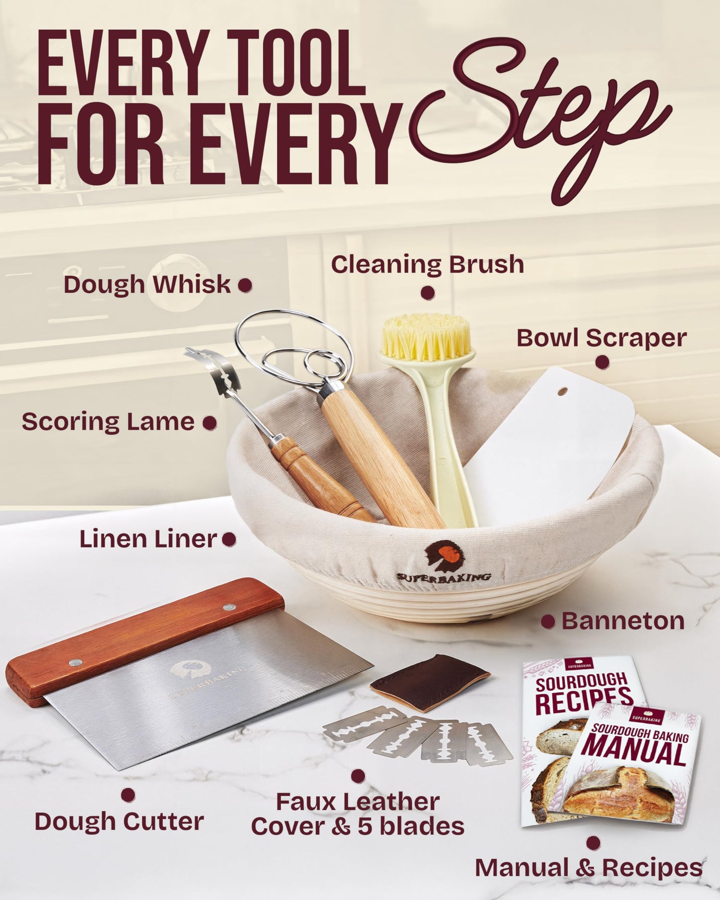 Superbaking 2 pcs Banneton Bread Proofing Basket, 9" Splinter-Free Round Rattan Bread Basket with Liners, Sourdough Starter Kit, Sourdough Bread Baking Supplies & Sourdough Kit, Bread Making Tools