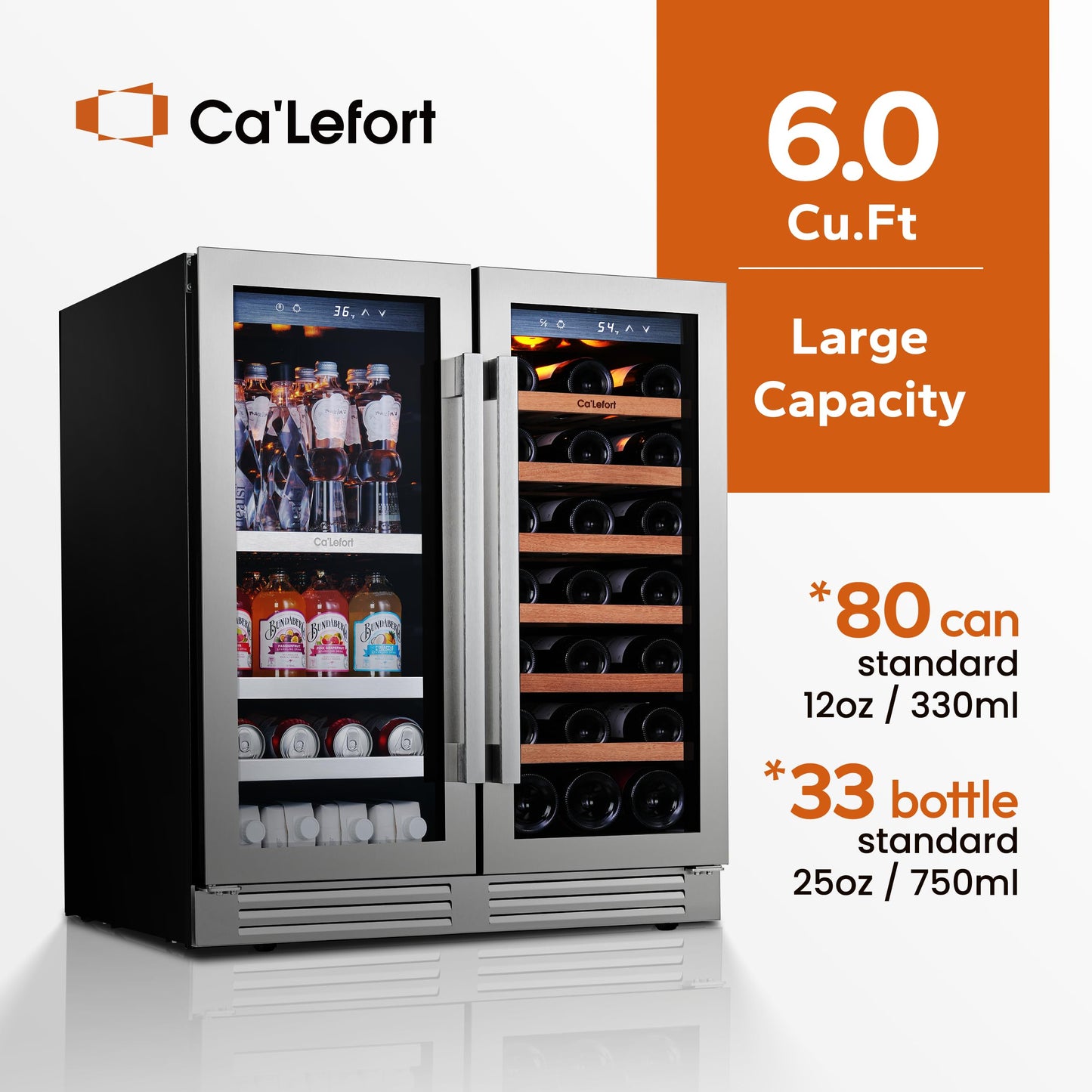 Ca'Lefort 24 Inch Wine and Beverage Refrigerator, 60 Can and 20 Bottle Wine Fridge 36-72°F, 3 LED Dual Zone Wine Cooler with Glass Door, Built-in Compressor Refrigerator for Home/Kitchen (4.10 cu.ft)
