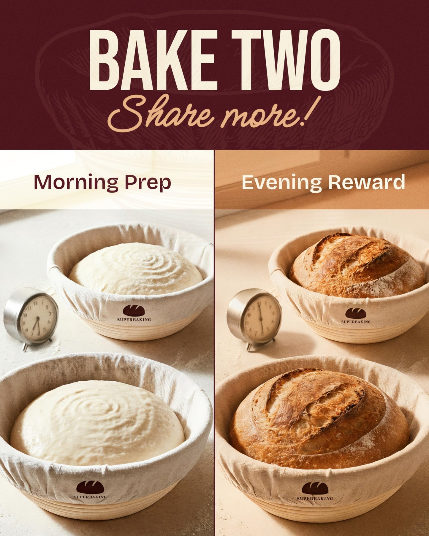 Superbaking 2 pcs Banneton Bread Proofing Basket, 9" Splinter-Free Round Rattan Bread Basket with Liners, Sourdough Starter Kit, Sourdough Bread Baking Supplies & Sourdough Kit, Bread Making Tools