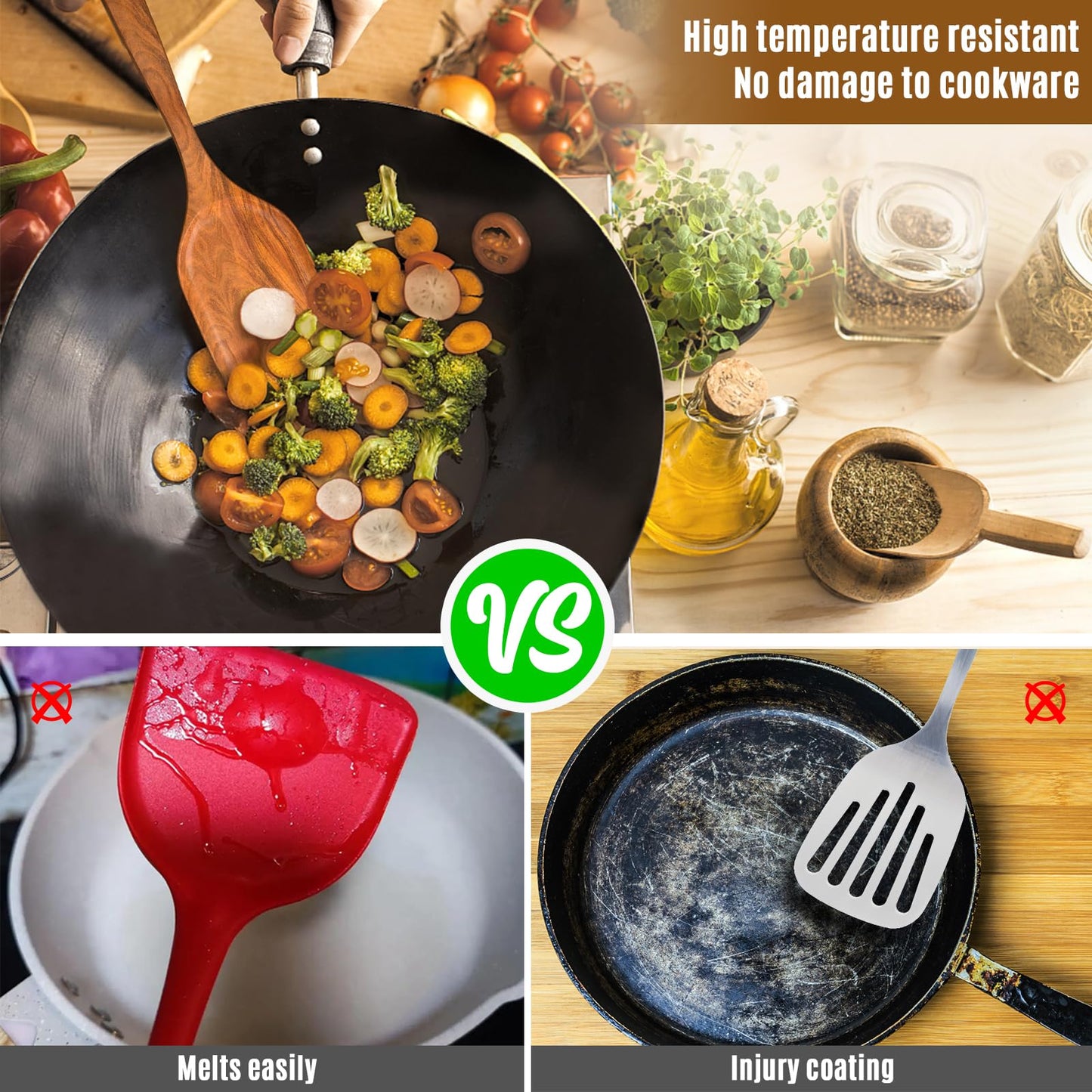 9 Piece Natural Teak Wooden Kitchen Utensil Set with Spoon Rest - Comfort Grip Cooking Spoons and Utensils Holder