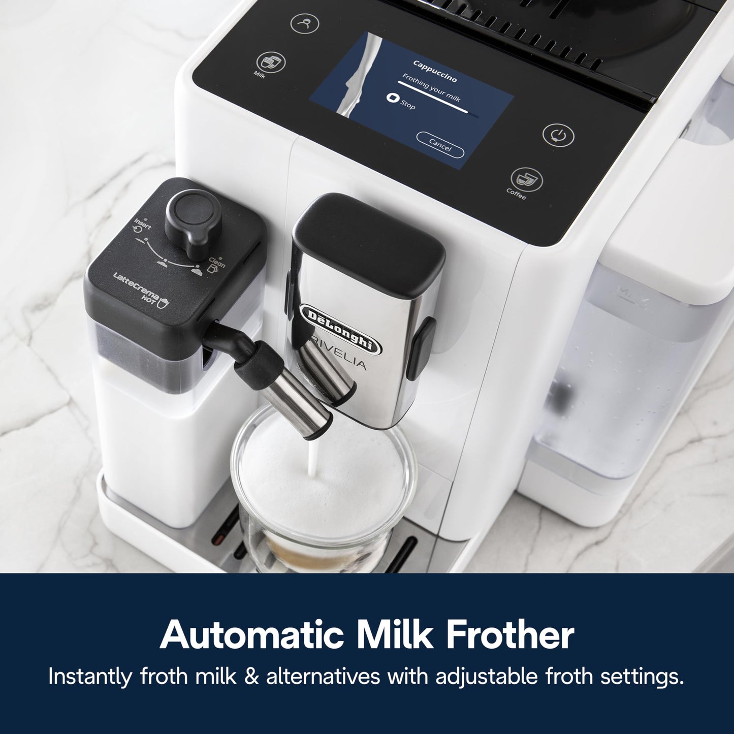 De'Longhi Rivelia Automatic Espresso Machine with Grinder & Milk Frother – All-in-One Coffee Maker, Hot & Iced Latte, Cappuccino, Bean Switch System, Burr Grinder, Compact Italian Design, Black