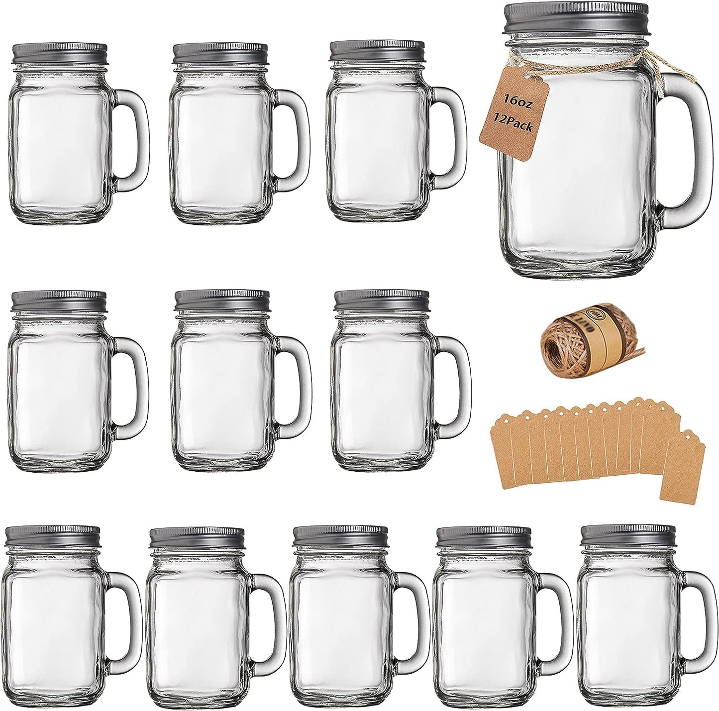 TANGLONG 16 oz Mason Jars with Handle, Mason Jar Cups, Glass Cups with Lids and Straws, Drinking Glasses Set of 12