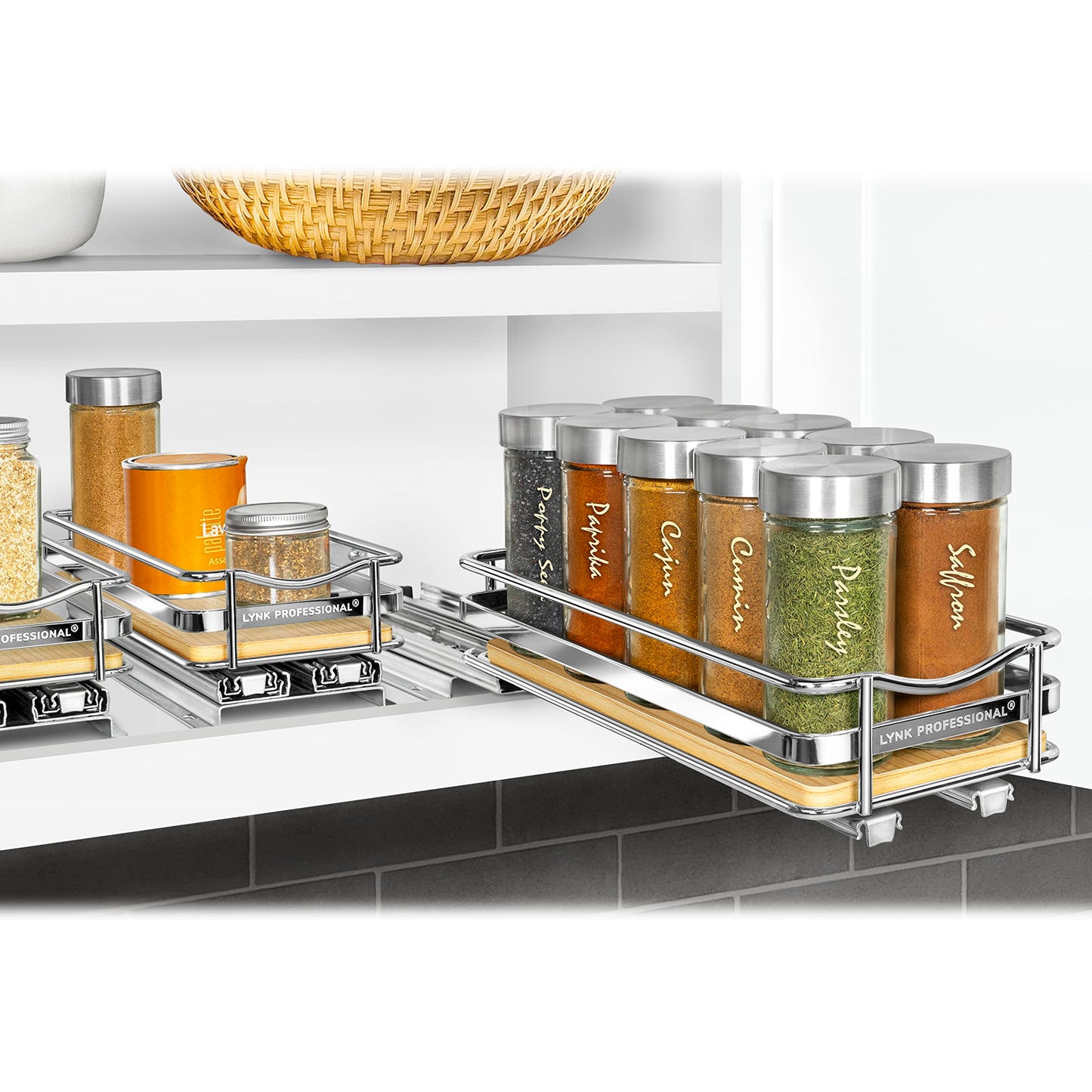 LYNK PROFESSIONAL® Pull Out Spice Rack Organizer for Inside Kitchen Cabinets - 4-3/8 inch Wide - Slide Out Drawer – Black Sliding Spice Cabinet Organization Shelf Racks - 2 Tier