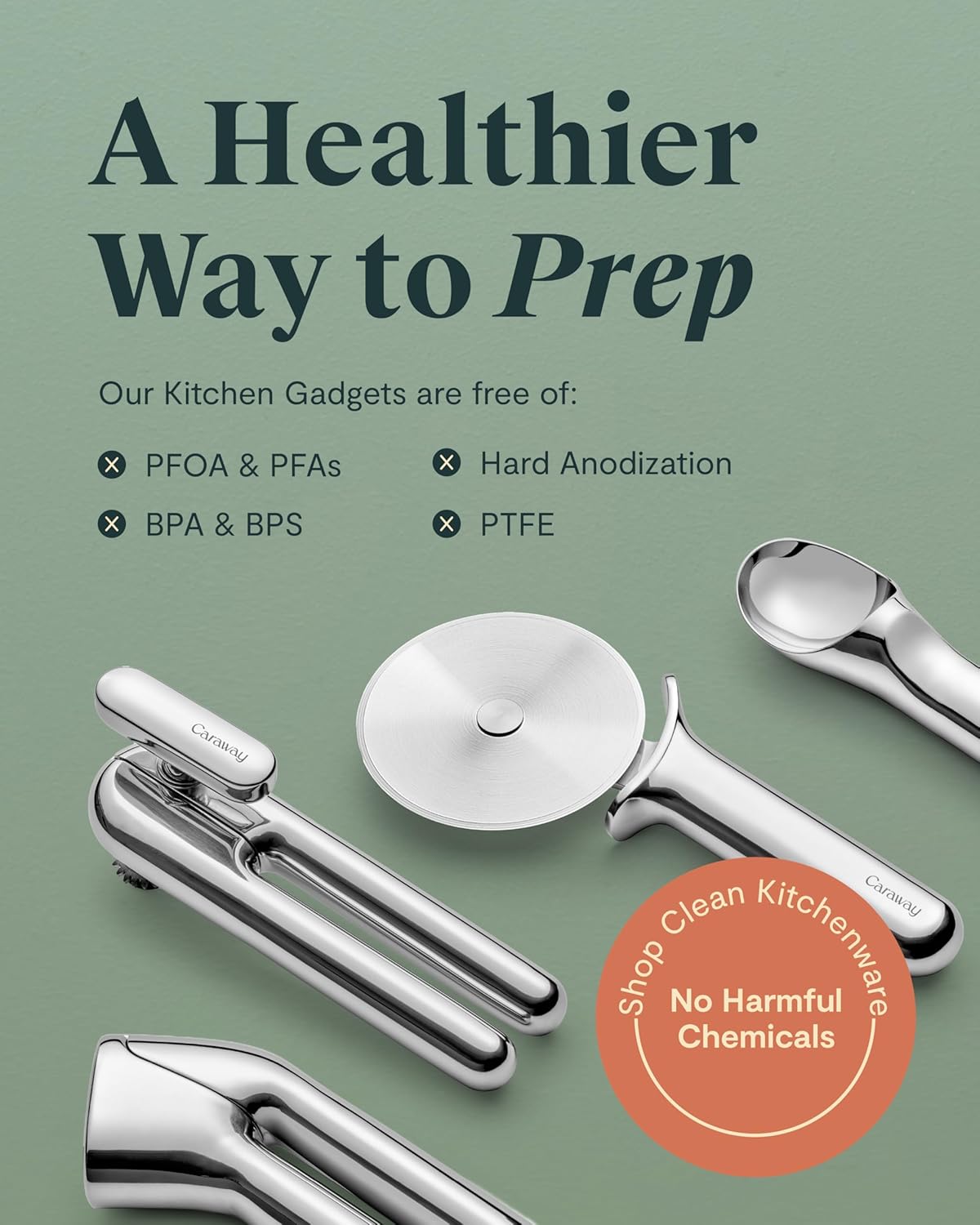 Caraway Kitchen Gadget Set - 5 Piece Kitchen Essentials - Stainless Steel - Includes Can Opener, Pizza Cutter, Garlic Press, Ice Cream Scoop, Vegetable Peeler, and Storage Organizer