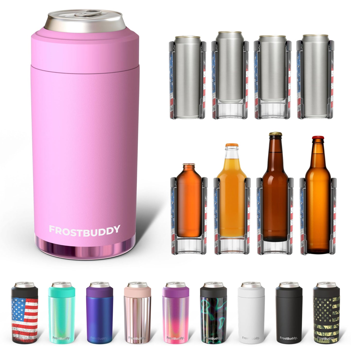 Frost Buddy Universal Buddy Can Cooler - Fits All - For Regular 12 & 16 oz or Slim-Size Bottles - Insulated Double -Walled Stainless Steel (All white)
