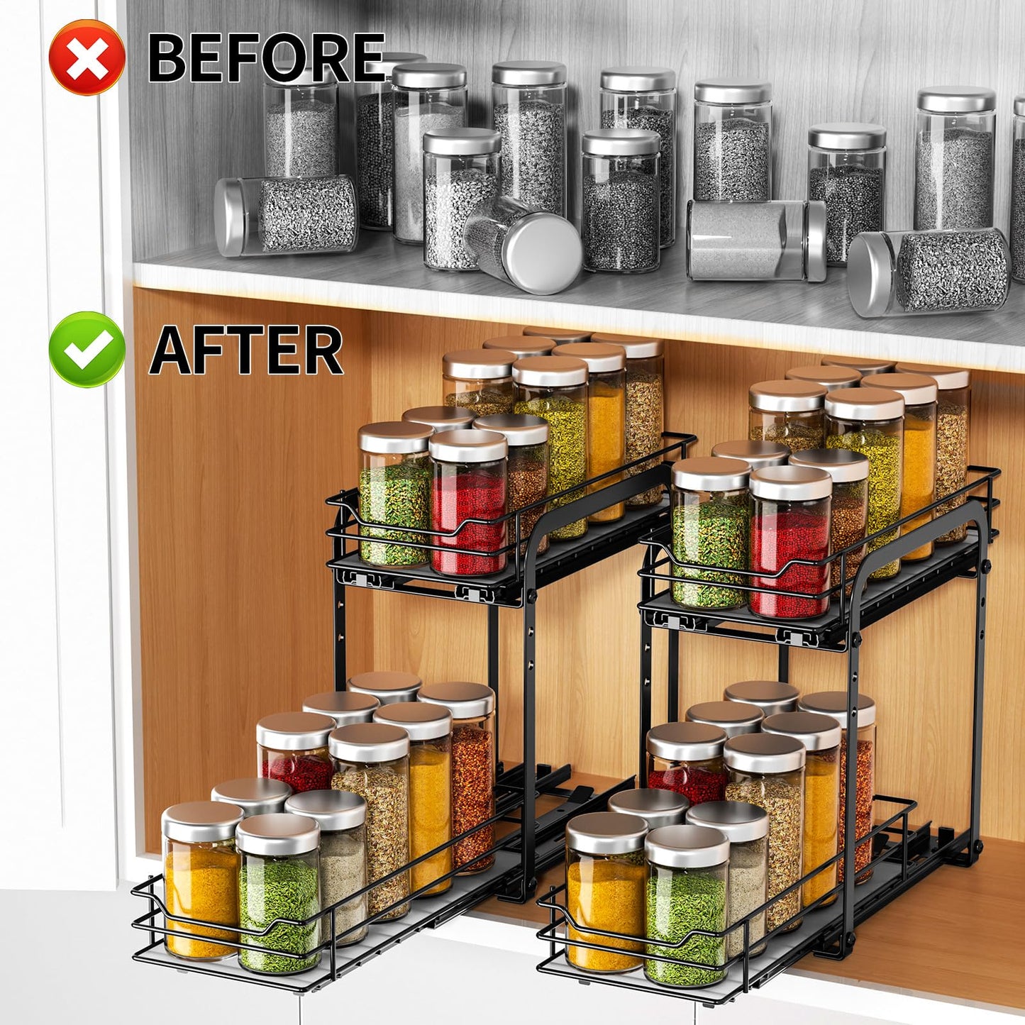 RCHYFEED Pull Out Spice Rack Organizer for Cabinet,Slide out Spice Organizer for Inside Cabinets,Heavy Duty Spice Organization for Kitchen and Pantry,Seasoning,Sauces(1-Tier,8.5" Wx10.5 Dx2.5 H)