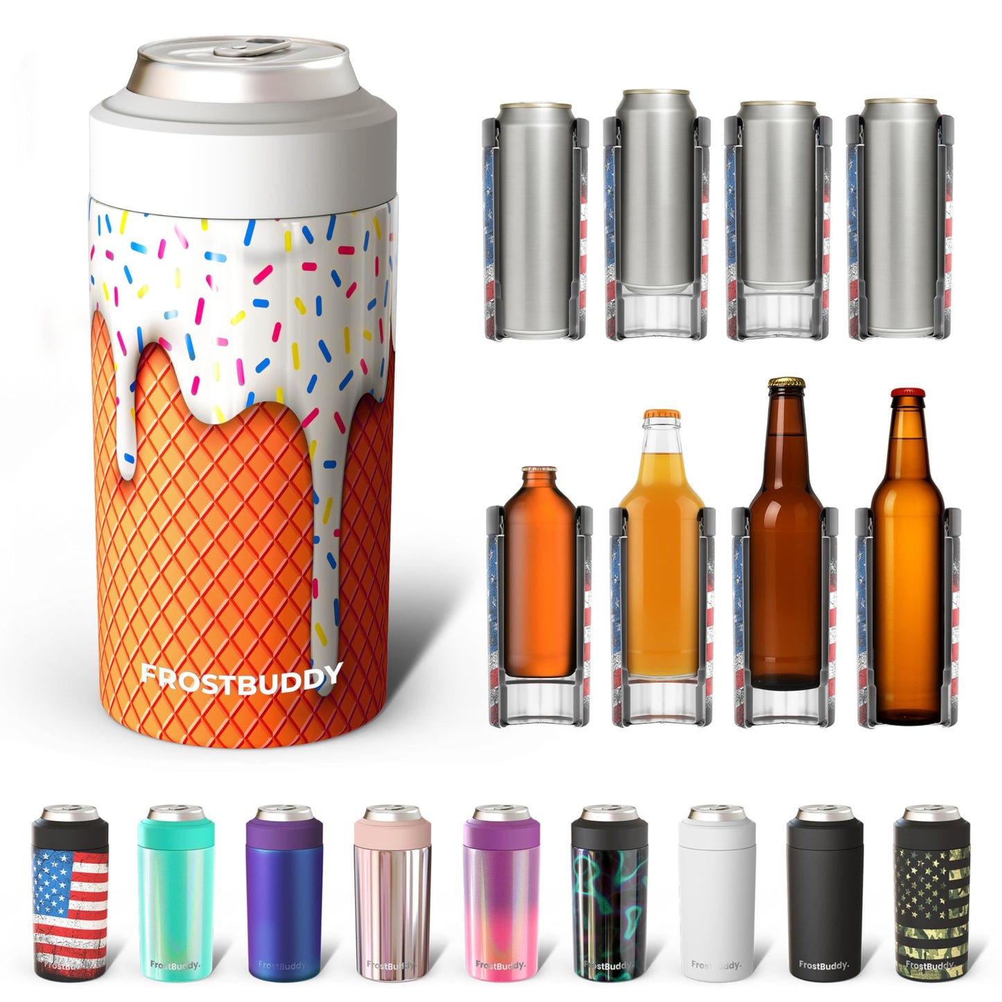 Frost Buddy Universal Buddy Can Cooler - Fits All - For Regular 12 & 16 oz or Slim-Size Bottles - Insulated Double -Walled Stainless Steel (All white)
