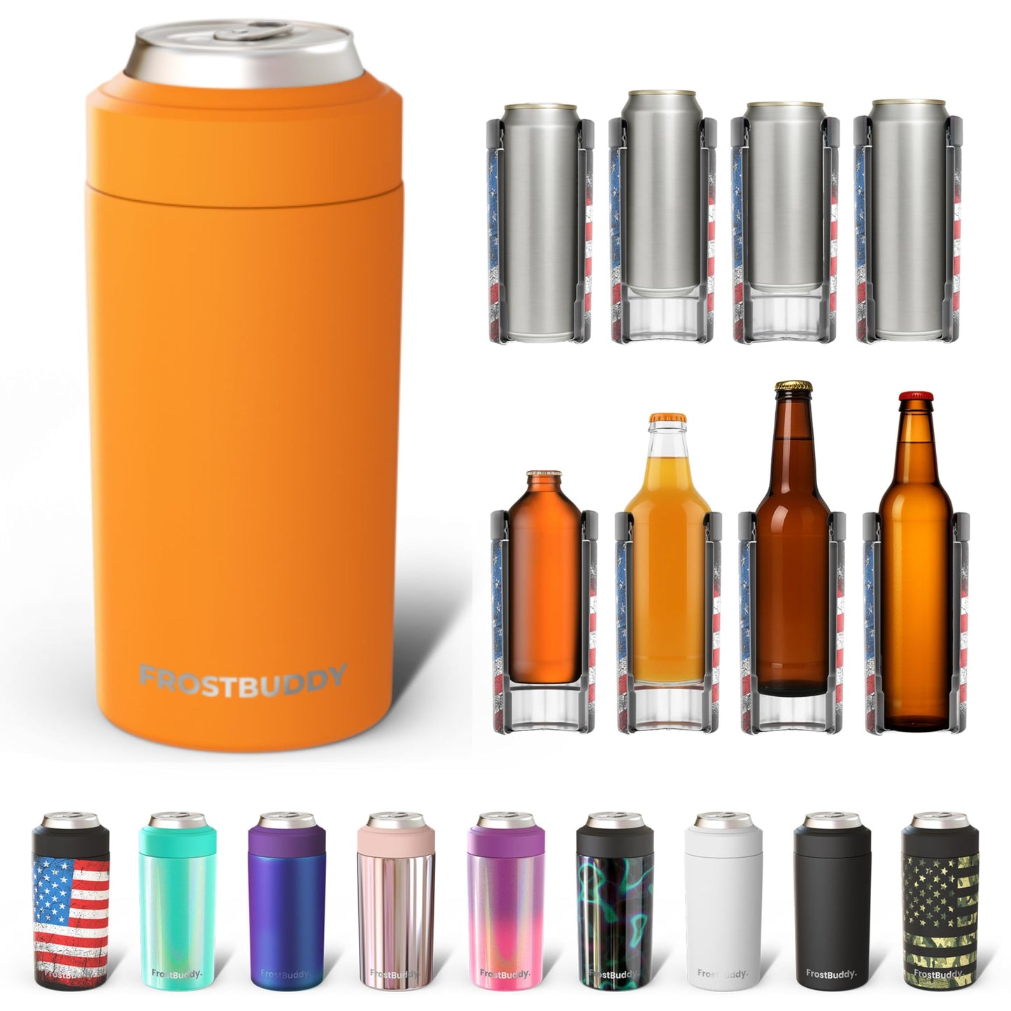 Frost Buddy Universal Buddy Can Cooler - Fits All - For Regular 12 & 16 oz or Slim-Size Bottles - Insulated Double -Walled Stainless Steel (All white)
