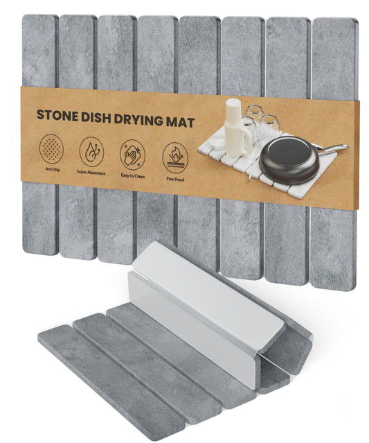 Stone Drying Mat for Kitchen Counter - Collapsible Diatomaceous Earth Dish Drying Stone - Fast Absorbent Stone Dish Drying Mat for Dishes and Pots (White Marble)