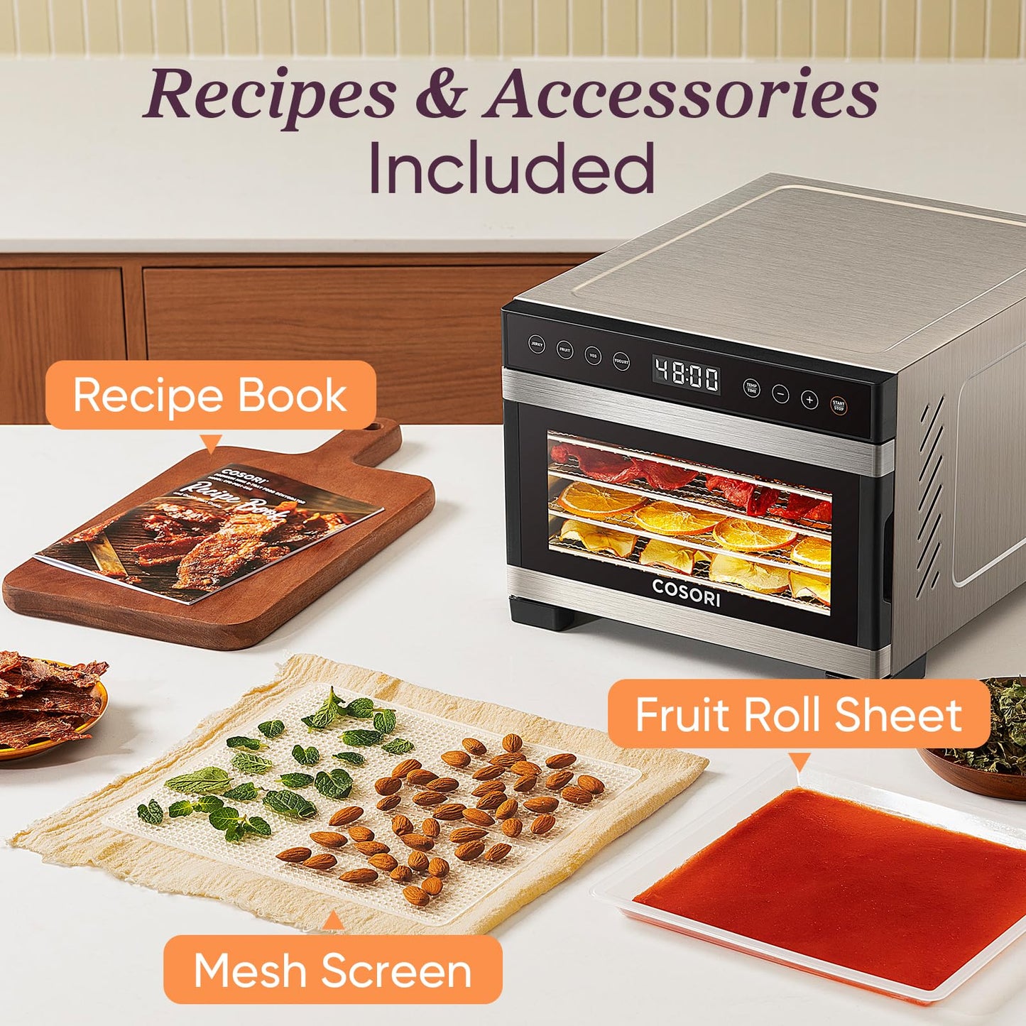 COSORI Food Dehydrator, Bigger Than 7 Trays With Large 6.5" Drying Space, 600W Power Saves More Time Than 480W, 165°F Dehydrated Dryer for Jerky, Dog Treats, Herbs, Meat, Fruit, and Yogurt, Silver