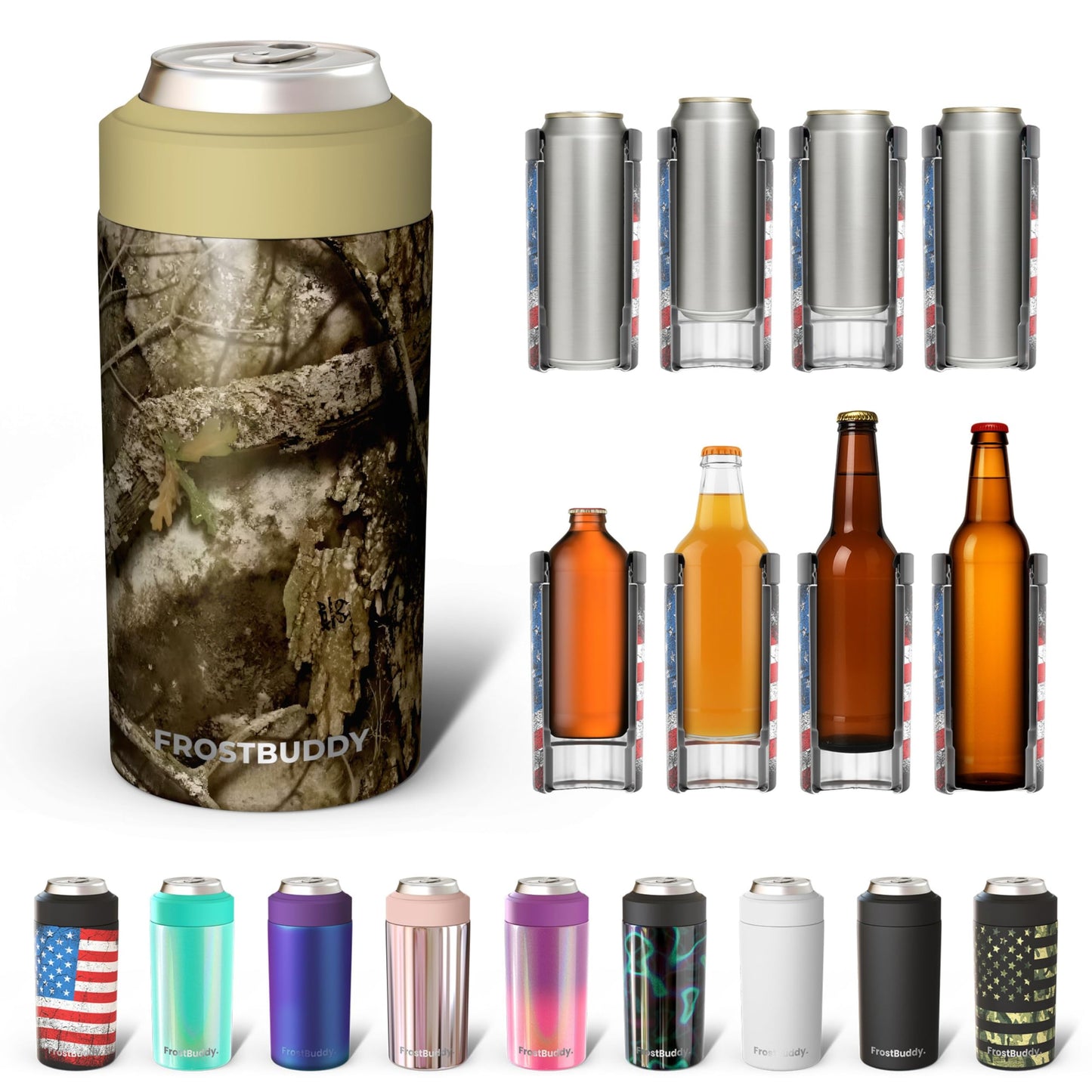 Frost Buddy Universal Buddy Can Cooler - Fits All - For Regular 12 & 16 oz or Slim-Size Bottles - Insulated Double -Walled Stainless Steel (All white)