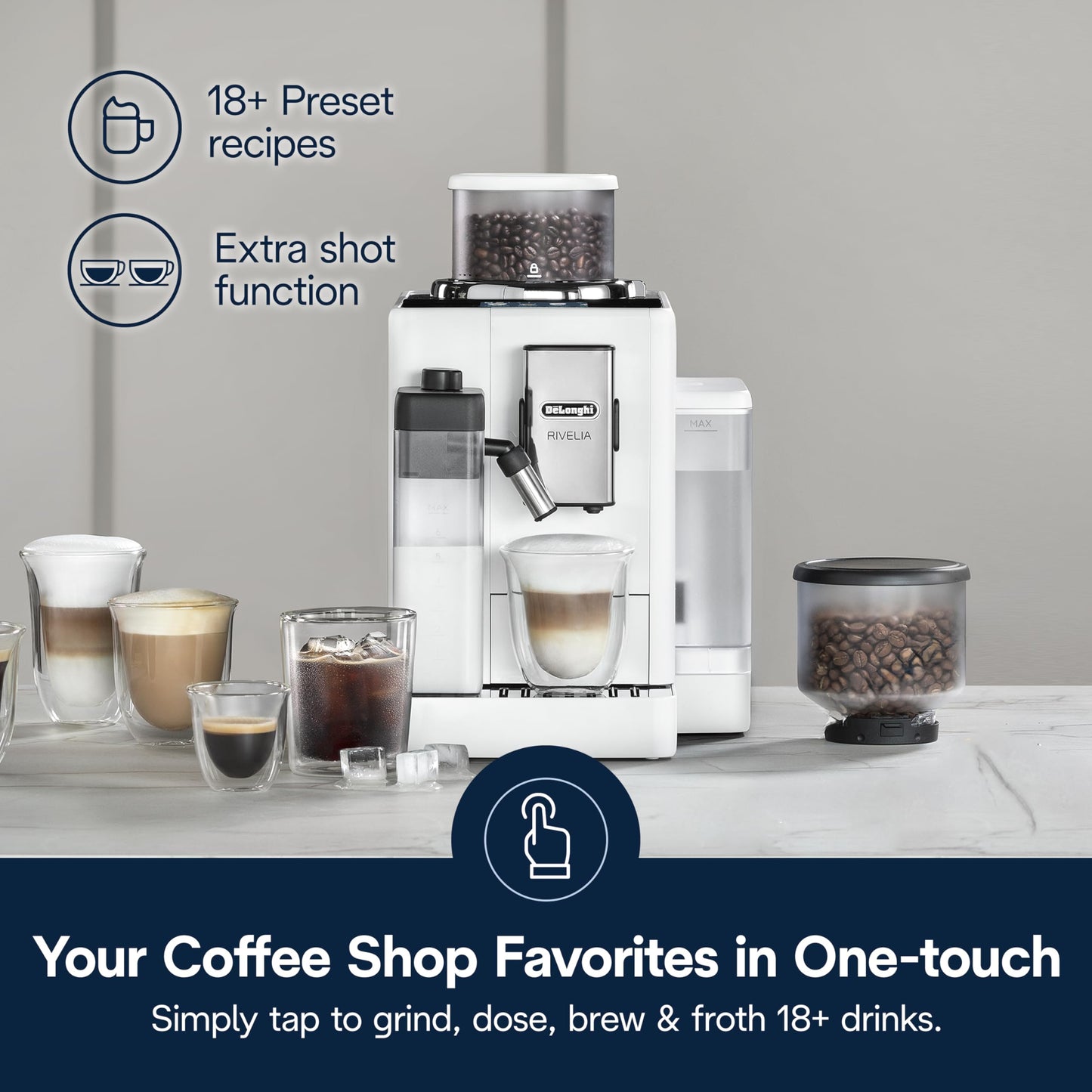 De'Longhi Rivelia Automatic Espresso Machine with Grinder & Milk Frother – All-in-One Coffee Maker, Hot & Iced Latte, Cappuccino, Bean Switch System, Burr Grinder, Compact Italian Design, Black