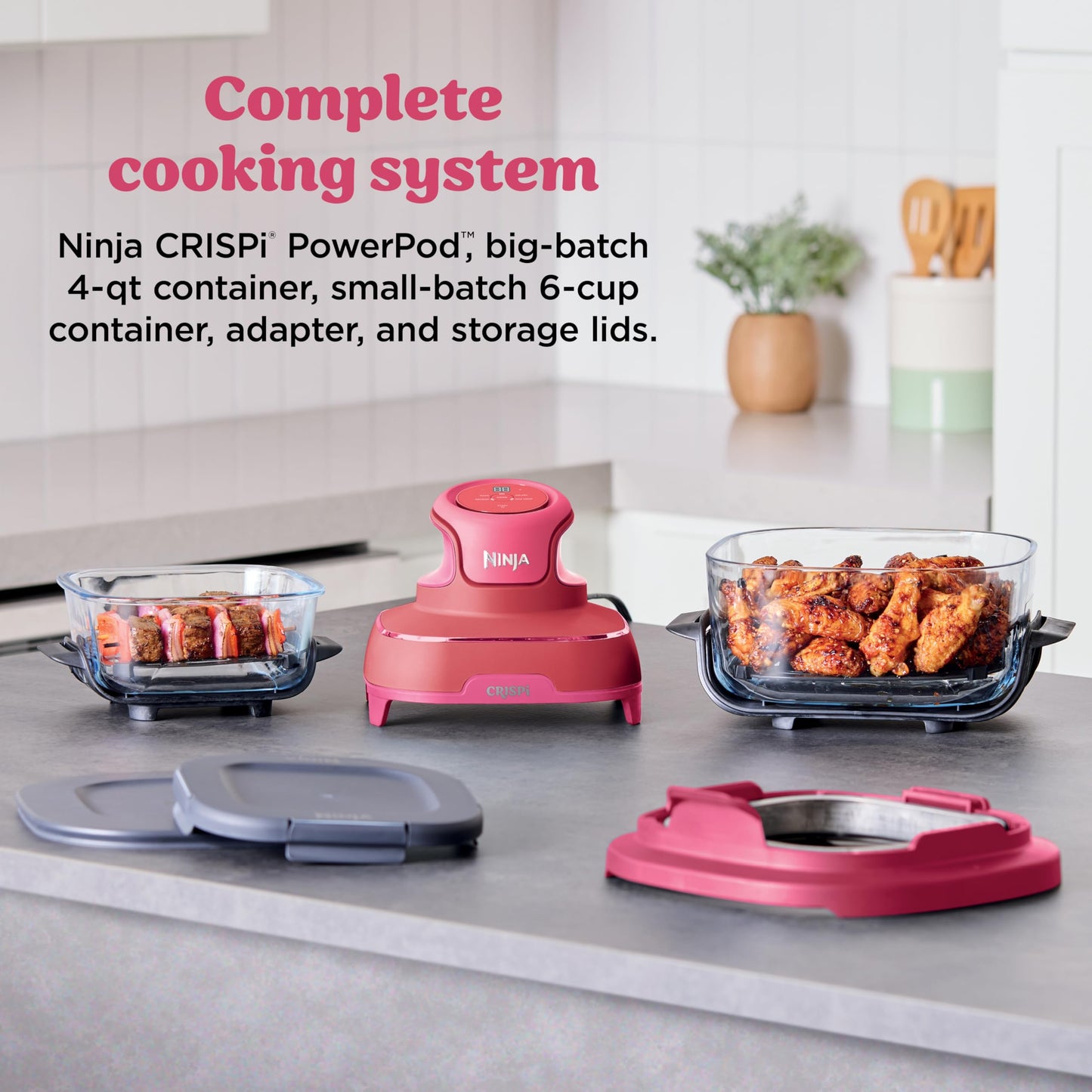 Ninja | Air Fryer | Crispi 4-in-1 Portable Cooking System | 4QT & 6 Cup Glass Containers, Crisper Plates & Storage Lids Included | Microwave, Freezer & Dishwasher Safe | Cherry Crush | FN101DR
