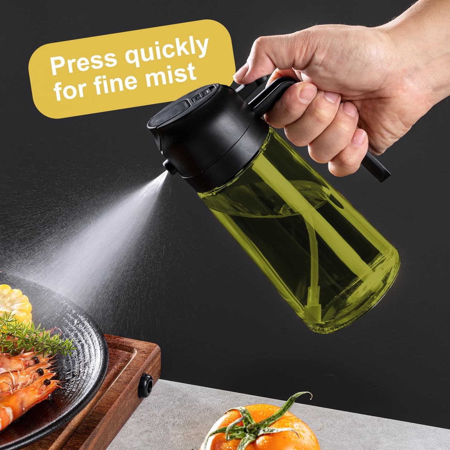 CXINYI - 16oz/470ml Olive Oil Dispenser for Kitchen with Stickers - 2 in 1 Olive Oil Sprayer for Cooking, Air Fryer, and Salad, Black&Green (Light-Proof Kitchen Gadget)