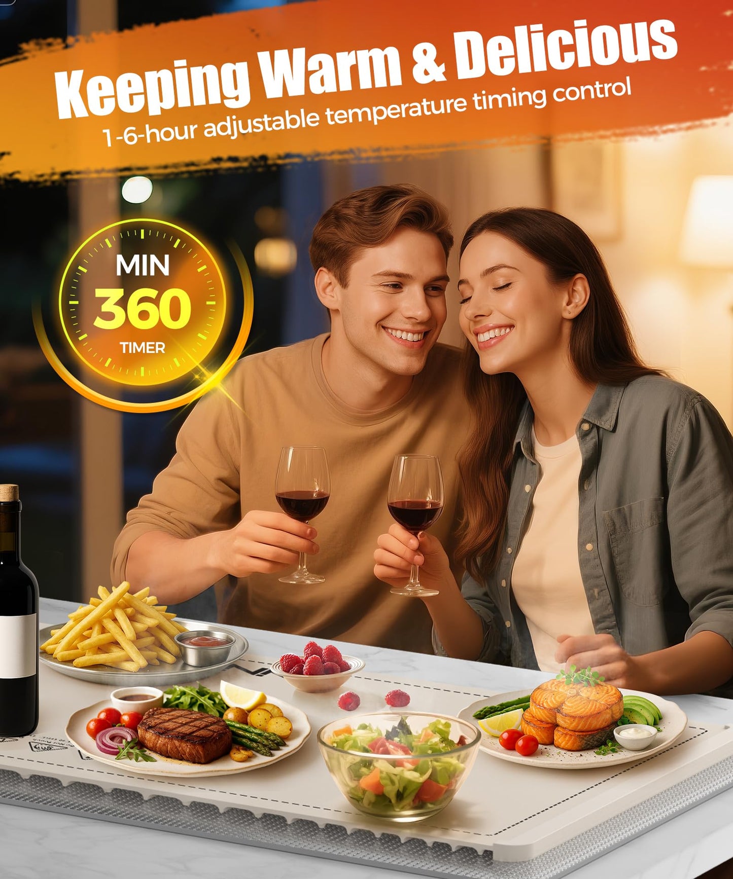 Food Warming Mat with Heat-Resistant Pad, 26X15 Inch, 6 Temperature & 6 Timer Settings, Child Lock Safety,Food Warmer Chafing Dishes for Buffet,Gatherings,Parties,Everyday Use