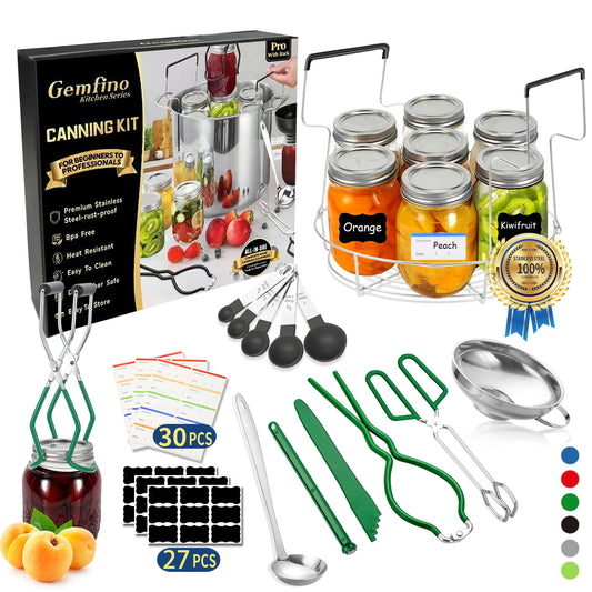 Canning Supplies Starter Kit with Canning Rack,Canning Kit for Beginners 11 Pcs, Jar Lifter, Funnel, Wrench, Tongs, Lid Lifter, Bubble Popper, Labels, Ladle, Measuring Spoon - Black