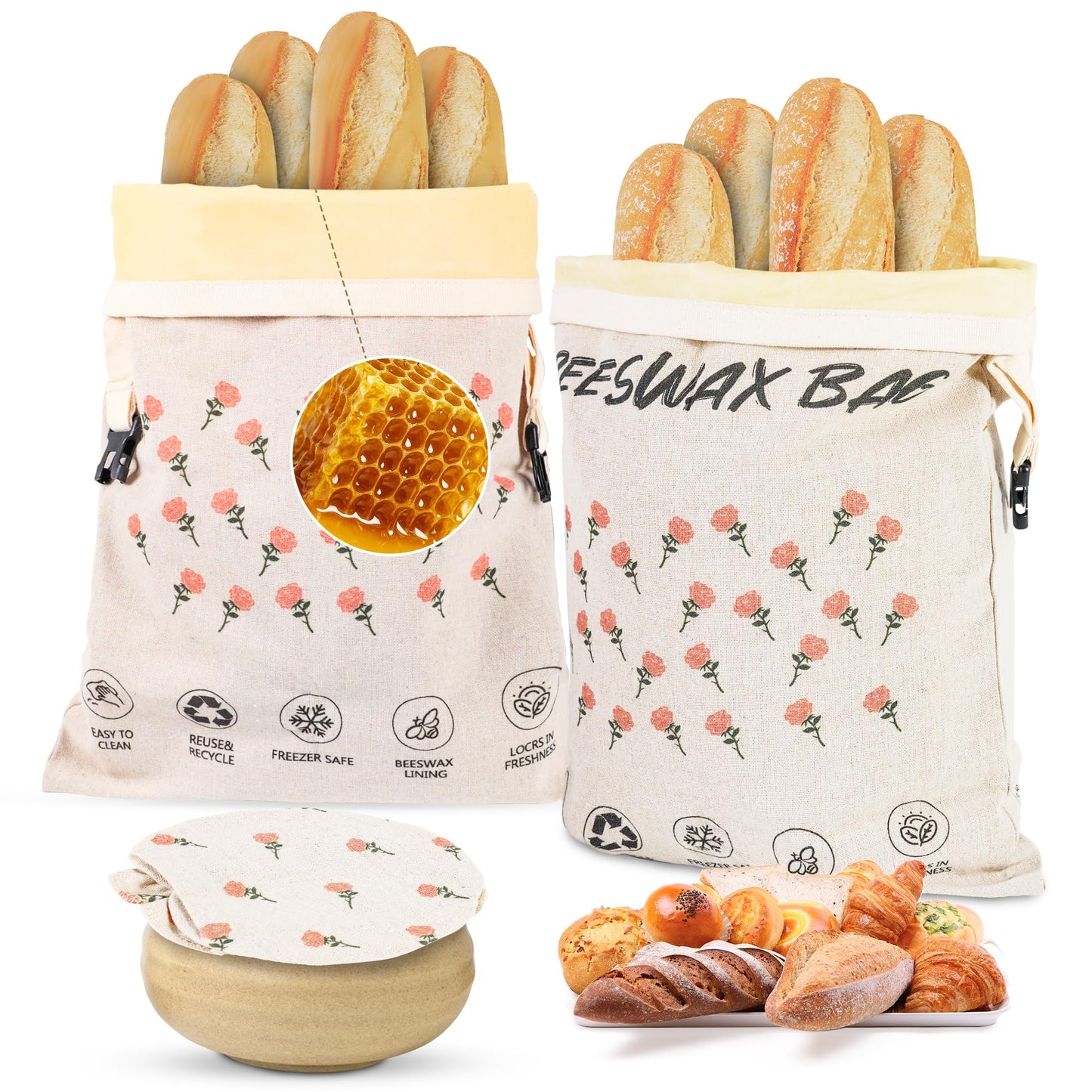 3-Pack Reusable Beeswax Bread Bags for Homemade Bread Sourdough, 2 Natural Beeswax 100% Linen Moisture-proof Lined Storage Bags with Buckle& 1 Bowl Covers –Easy to Clean,Safe,Keeps Bakes Fresh Longer