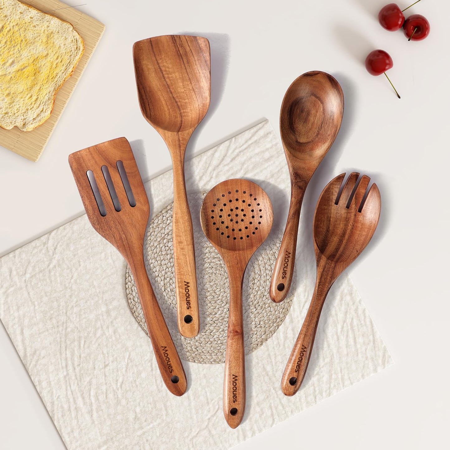 9 Piece Natural Teak Wooden Kitchen Utensil Set with Spoon Rest - Comfort Grip Cooking Spoons and Utensils Holder