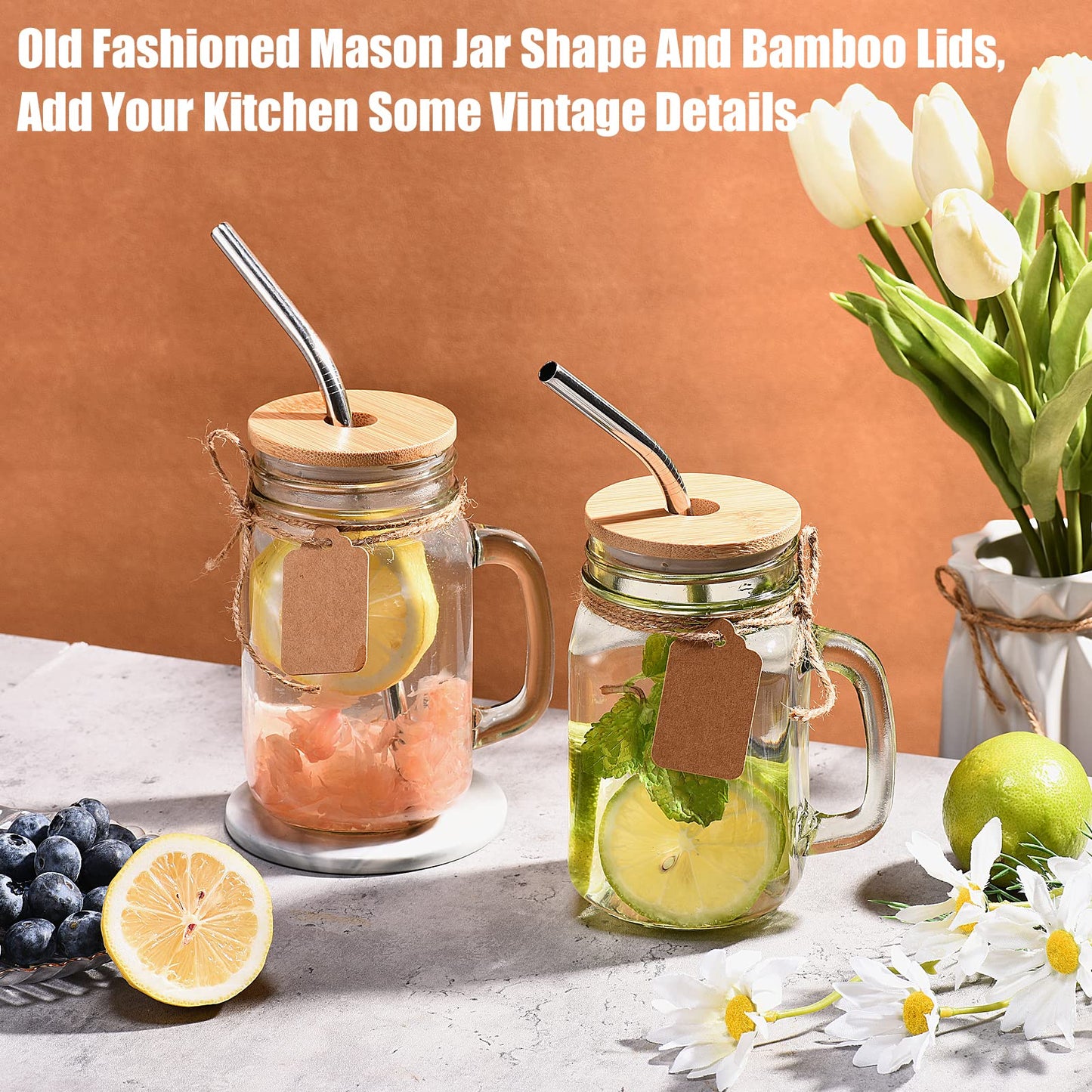 TANGLONG 16 oz Mason Jars with Handle, Mason Jar Cups, Glass Cups with Lids and Straws, Drinking Glasses Set of 12