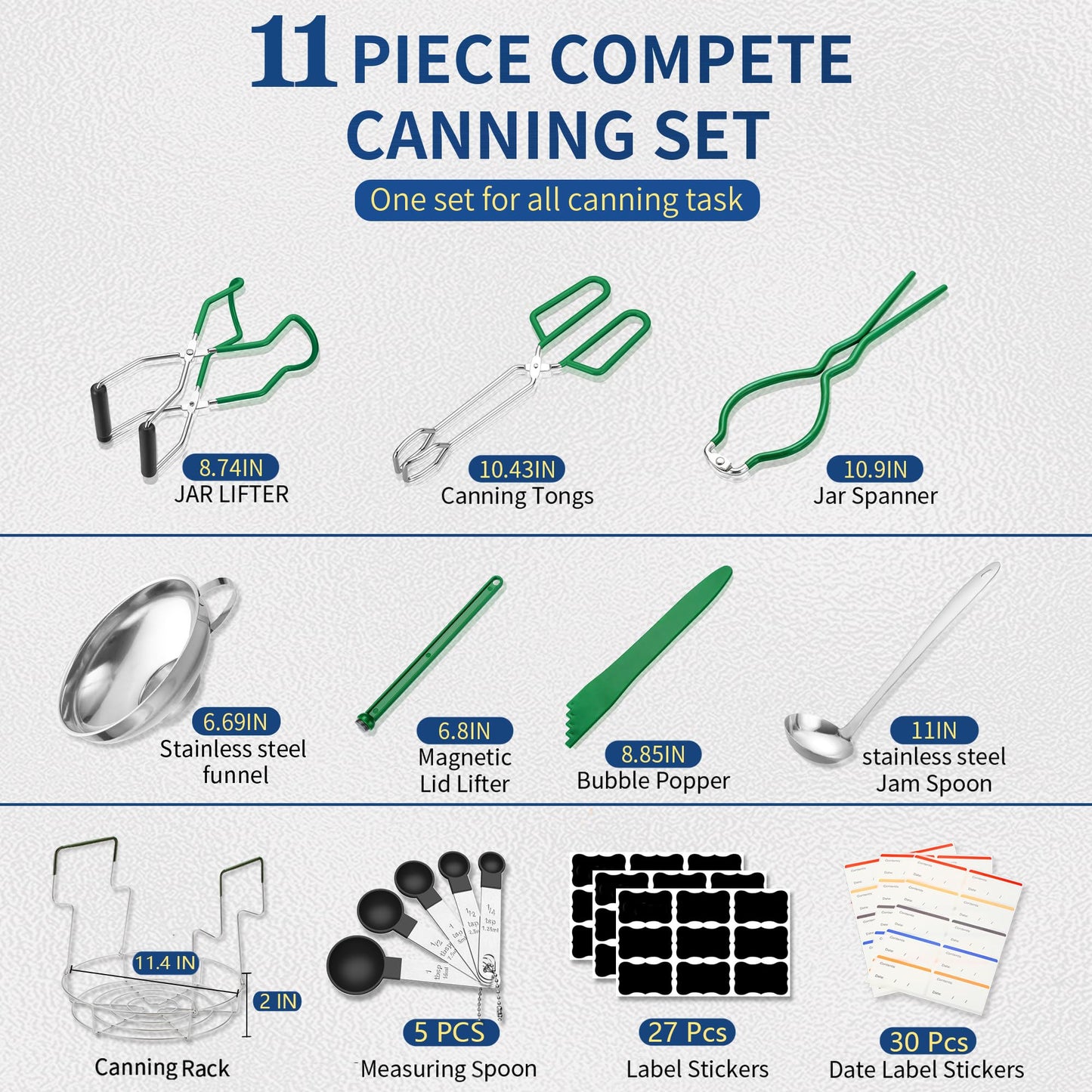 Canning Supplies Starter Kit with Canning Rack,Canning Kit for Beginners 11 Pcs, Jar Lifter, Funnel, Wrench, Tongs, Lid Lifter, Bubble Popper, Labels, Ladle, Measuring Spoon - Black