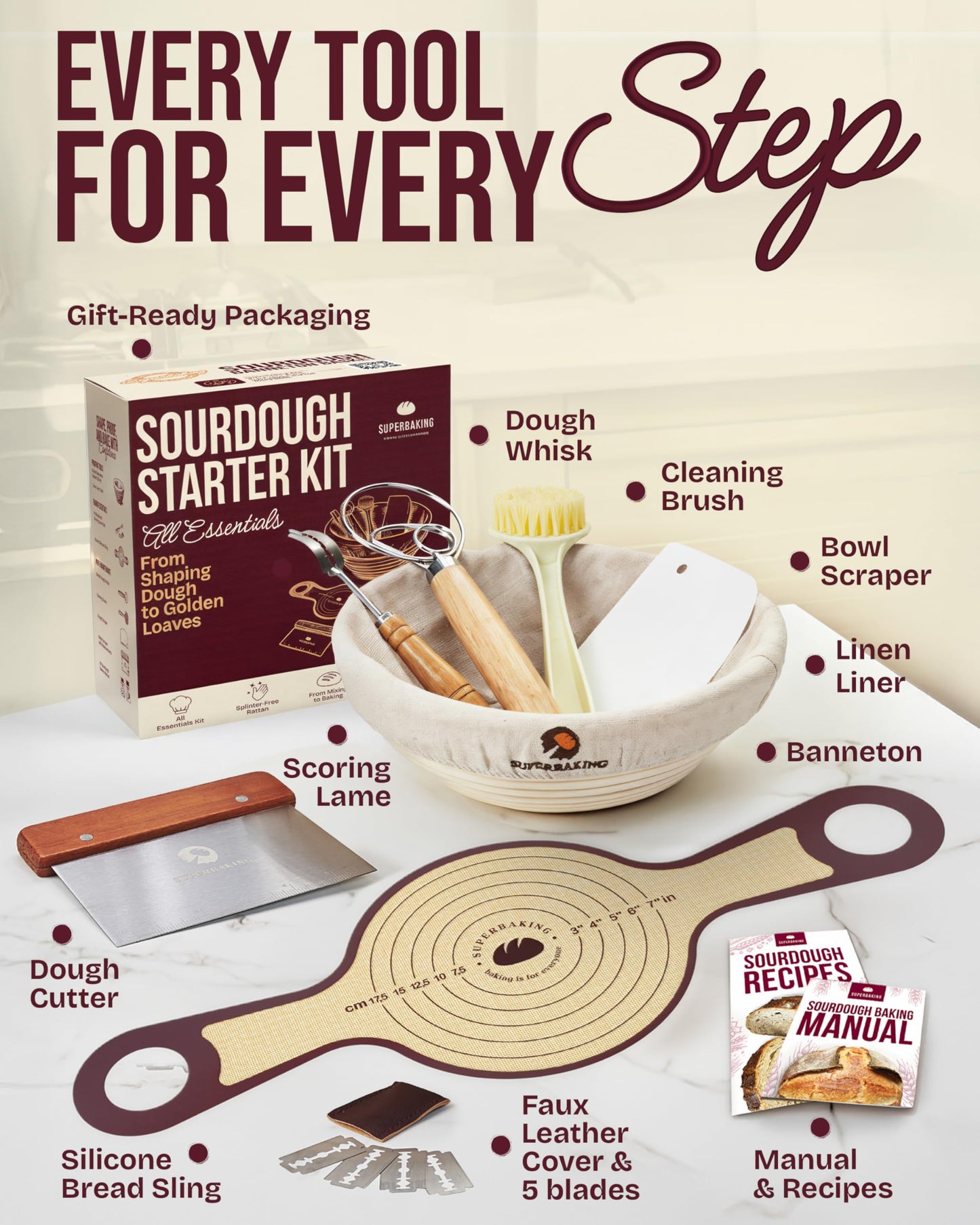 Superbaking 2 pcs Banneton Bread Proofing Basket, 9" Splinter-Free Round Rattan Bread Basket with Liners, Sourdough Starter Kit, Sourdough Bread Baking Supplies & Sourdough Kit, Bread Making Tools