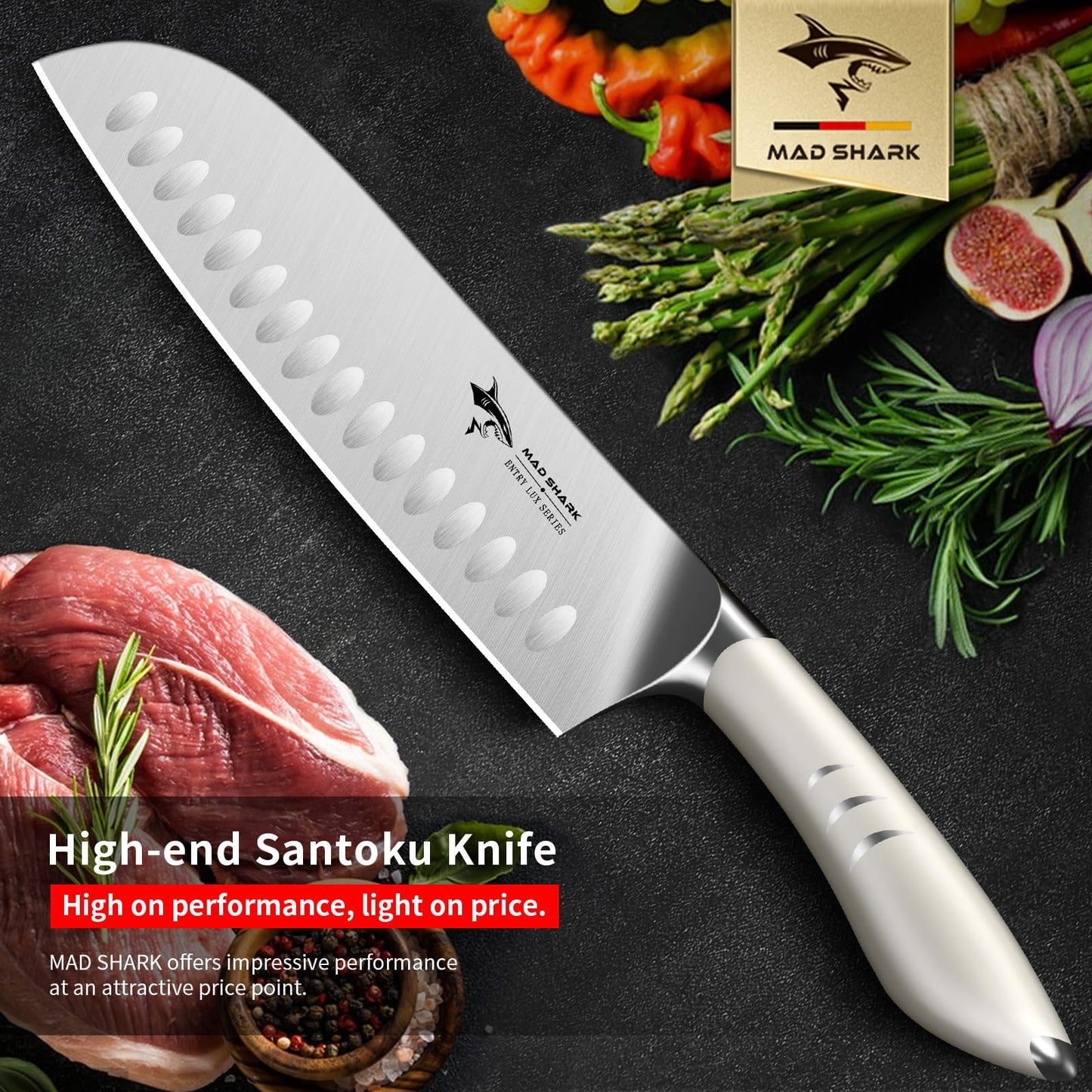 MAD SHARK 8 Inch Santoku Knife - Ultra Sharp Japanese Kitchen Knife, High Carbon German Steel, Ergonomic Handle - Ideal for Slicing, Dicing & Chopping - Unique Gift for Chefs, Men & Women (White)