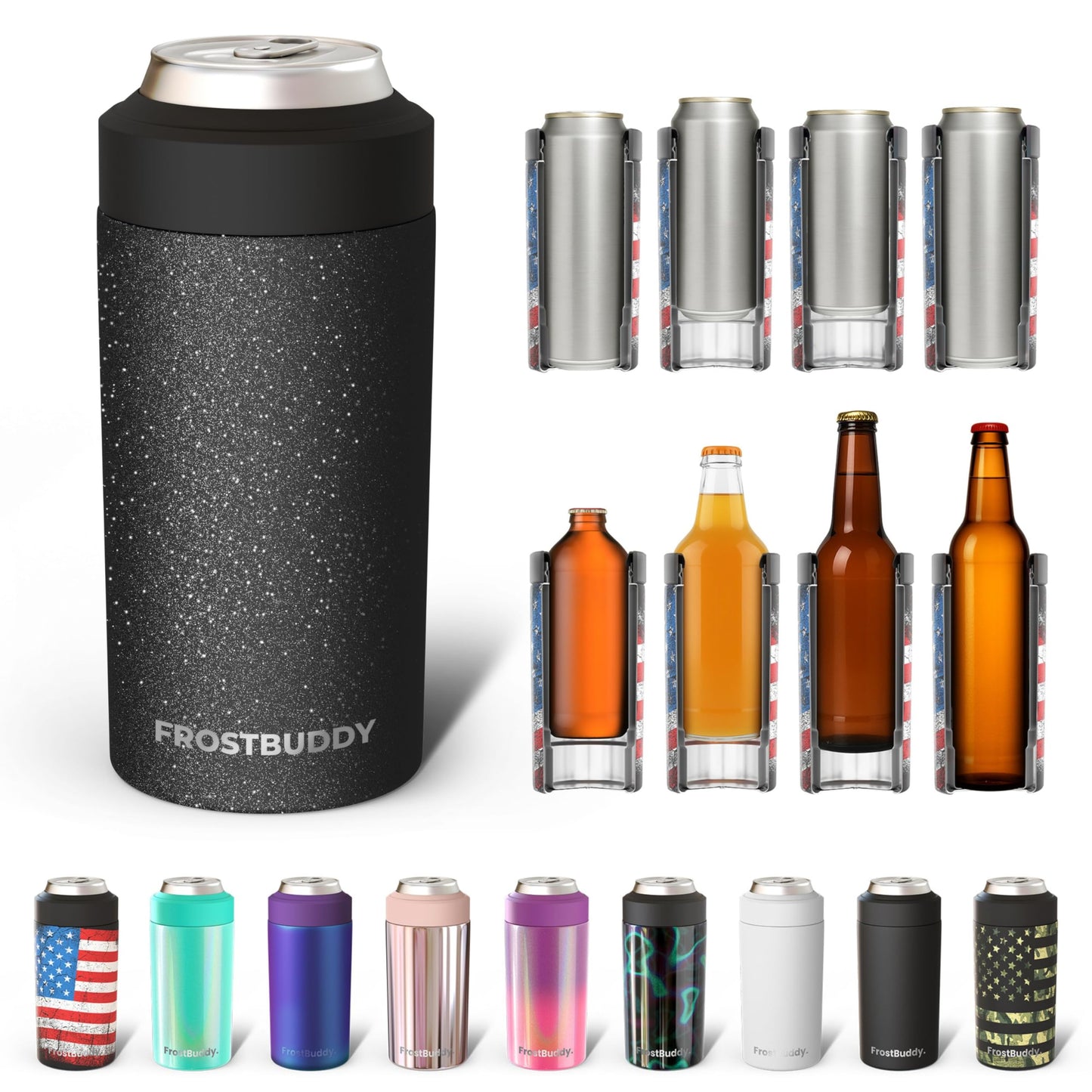 Frost Buddy Universal Buddy Can Cooler - Fits All - For Regular 12 & 16 oz or Slim-Size Bottles - Insulated Double -Walled Stainless Steel (All white)