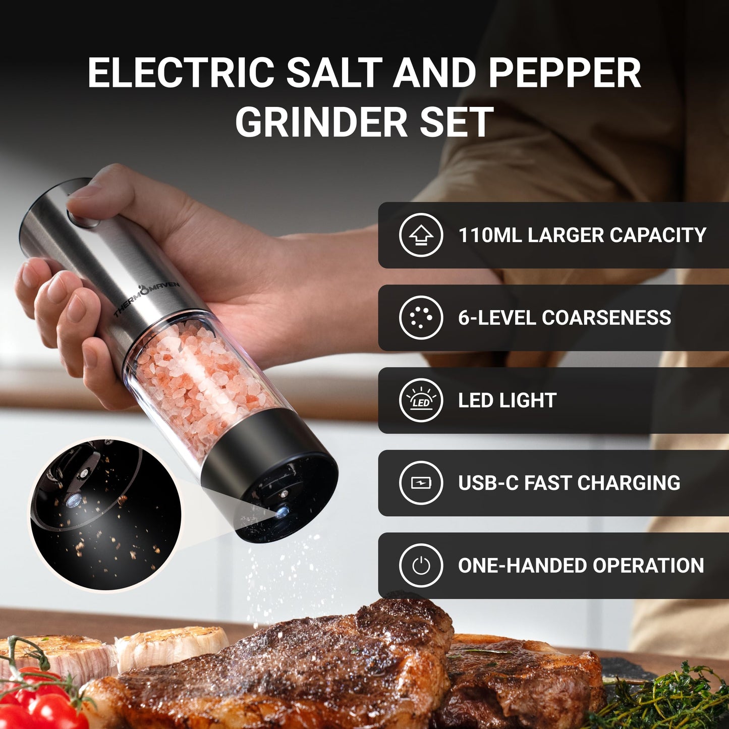 ThermoMaven Electric Salt and Pepper Grinder Set, 110ml Larger Rechargeable Automatic Salt and Pepper Mill Grinder with 6 Adjustable Coarseness, Electric Salt and Pepper Shakers, LED, 2 Packs, Black