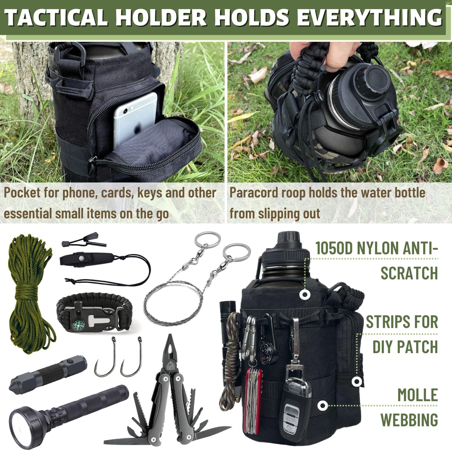 32 Oz Water Bottle with Sleeve - Insulated Bottle with Strap Stainless Steel Gym Water Bottles for Men Sports Workout Hiking All Black